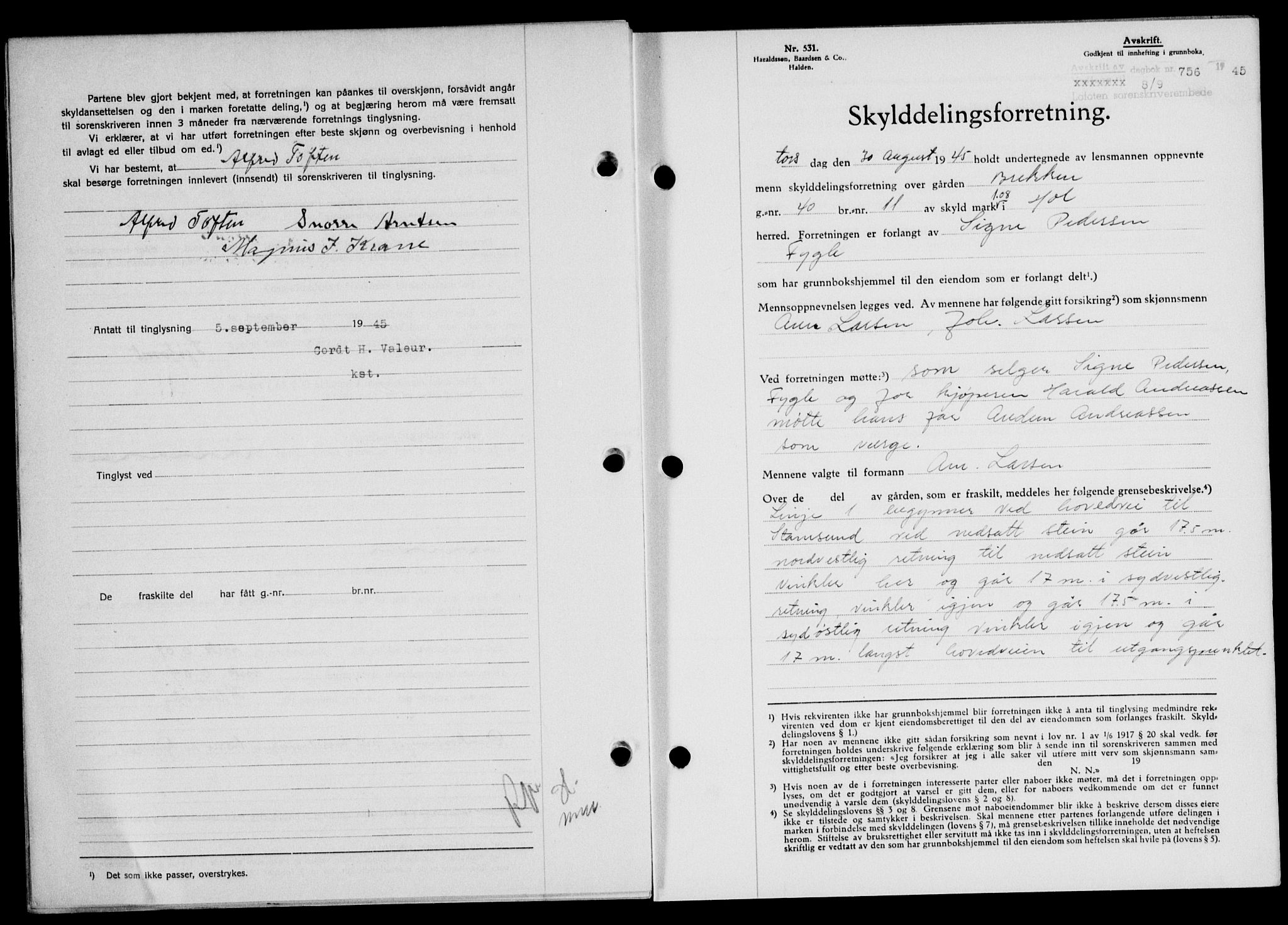 Lofoten sorenskriveri, SAT/A-0017/1/2/2C/L0013a: Mortgage book no. 13a, 1944-1946, Diary no: : 756/1945