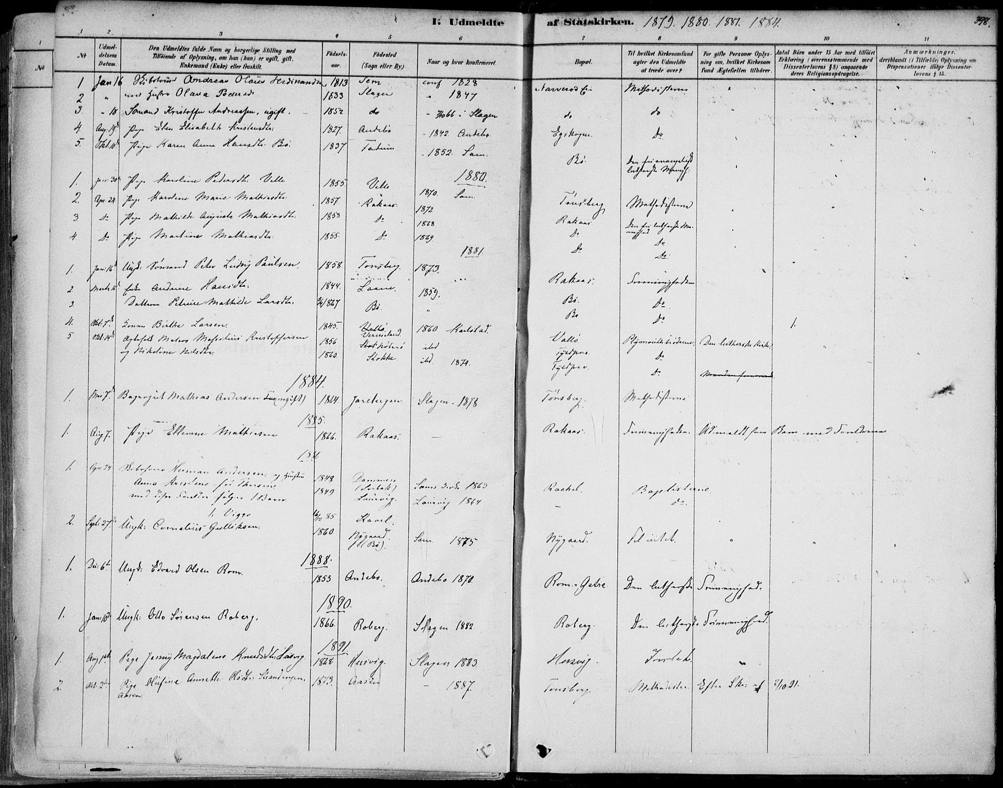 Sem kirkebøker, SAKO/A-5/F/Fb/L0004: Parish register (official) no. II 4, 1878-1891, p. 398