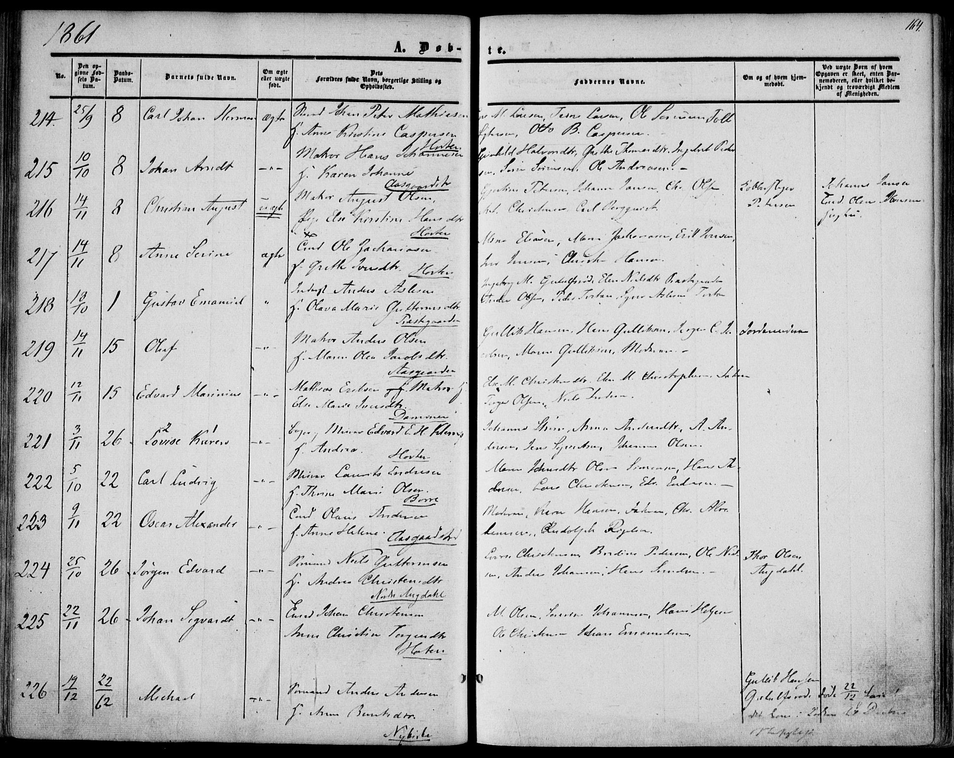 Borre kirkebøker, AV/SAKO-A-338/F/Fa/L0006: Parish register (official) no. I 6, 1852-1862, p. 164