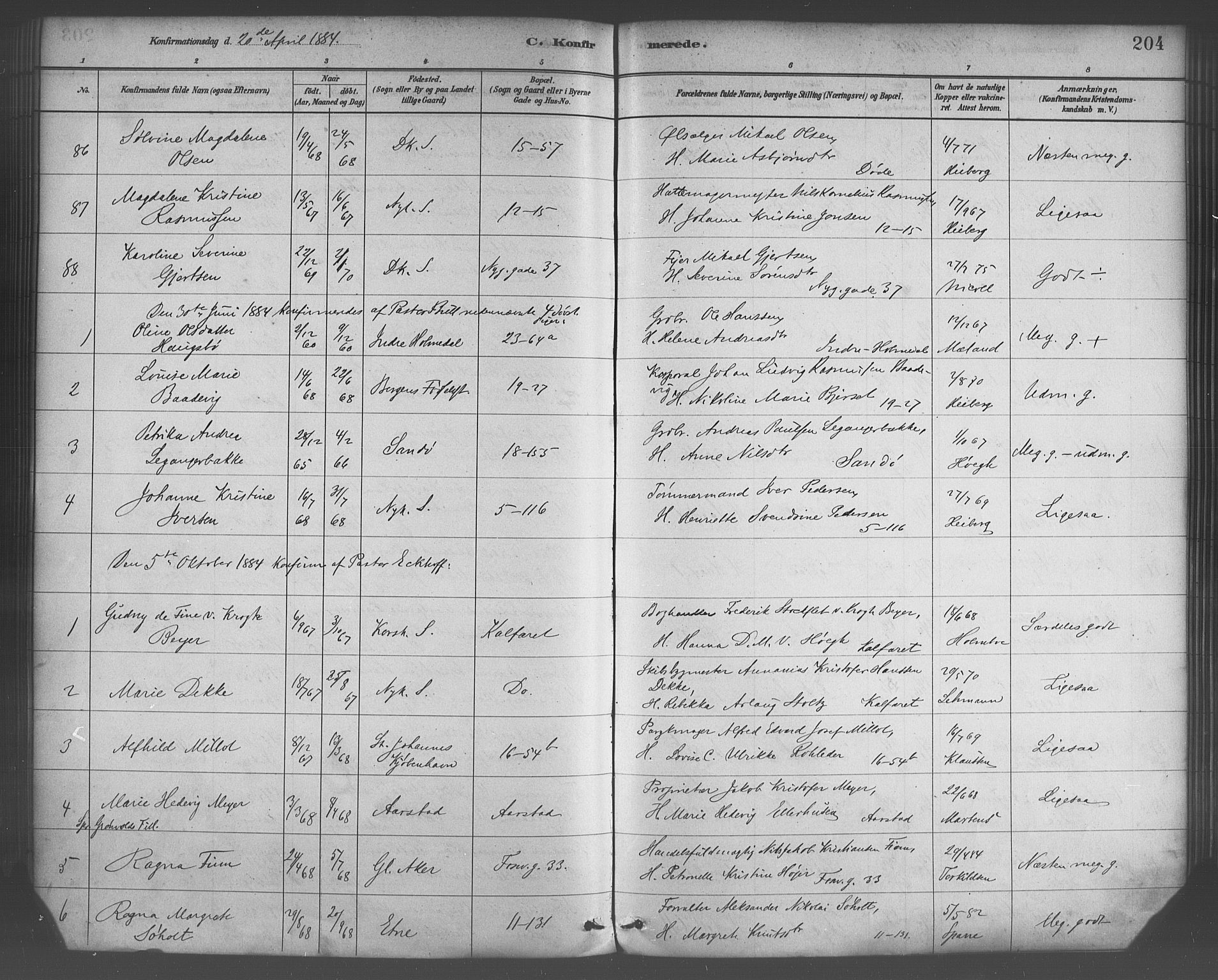 Domkirken sokneprestembete, SAB/A-74801/H/Haa/L0030: Parish register (official) no. C 5, 1880-1898, p. 204