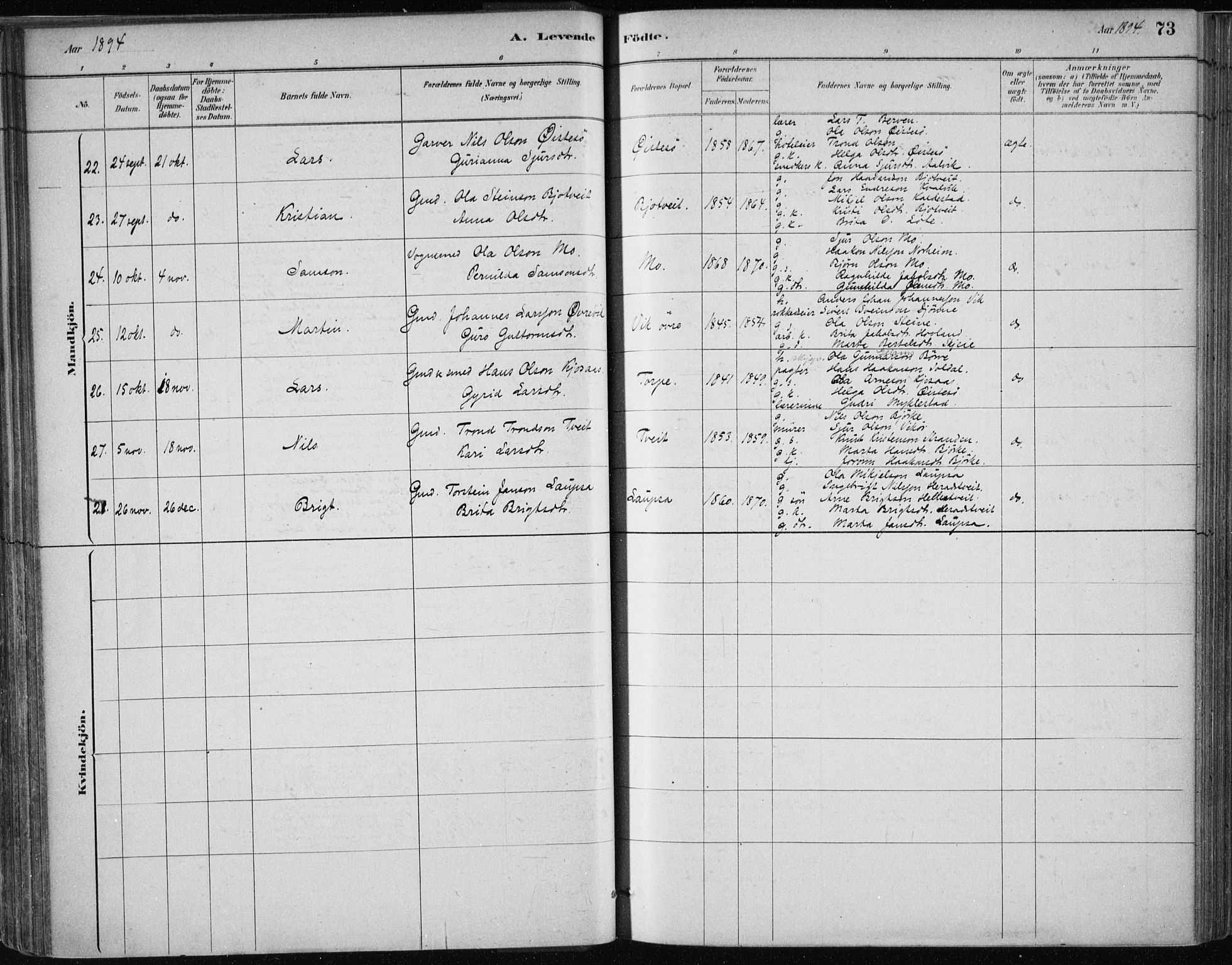 Kvam sokneprestembete, SAB/A-76201/H/Haa: Parish register (official) no. C  1, 1880-1906, p. 73