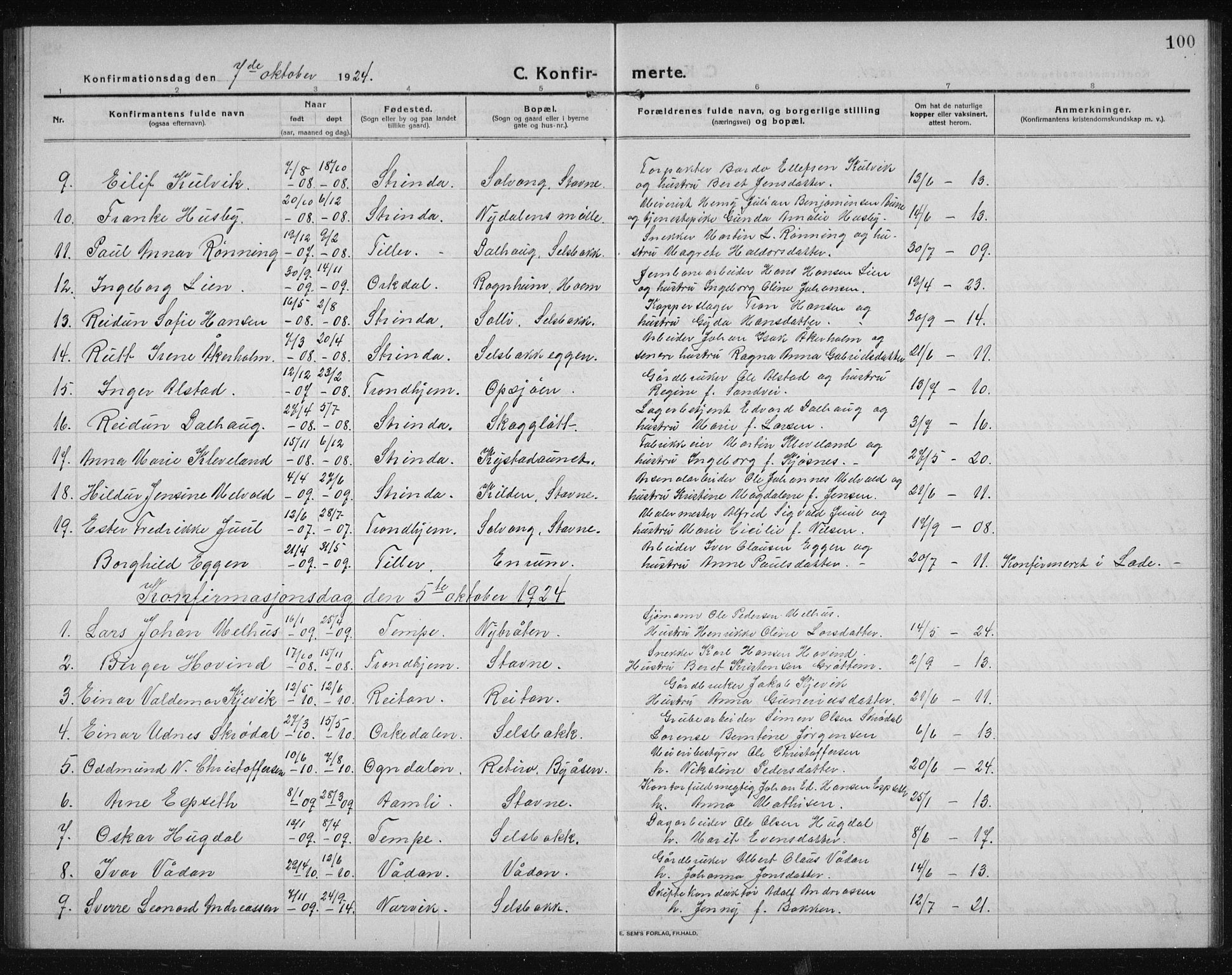 Ministerialprotokoller, klokkerbøker og fødselsregistre - Sør-Trøndelag, SAT/A-1456/611/L0356: Parish register (copy) no. 611C04, 1914-1938, p. 100