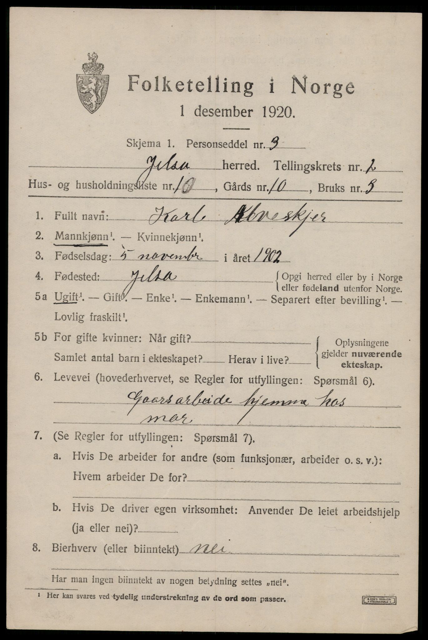 SAST, 1920 census for Jelsa, 1920, p. 944