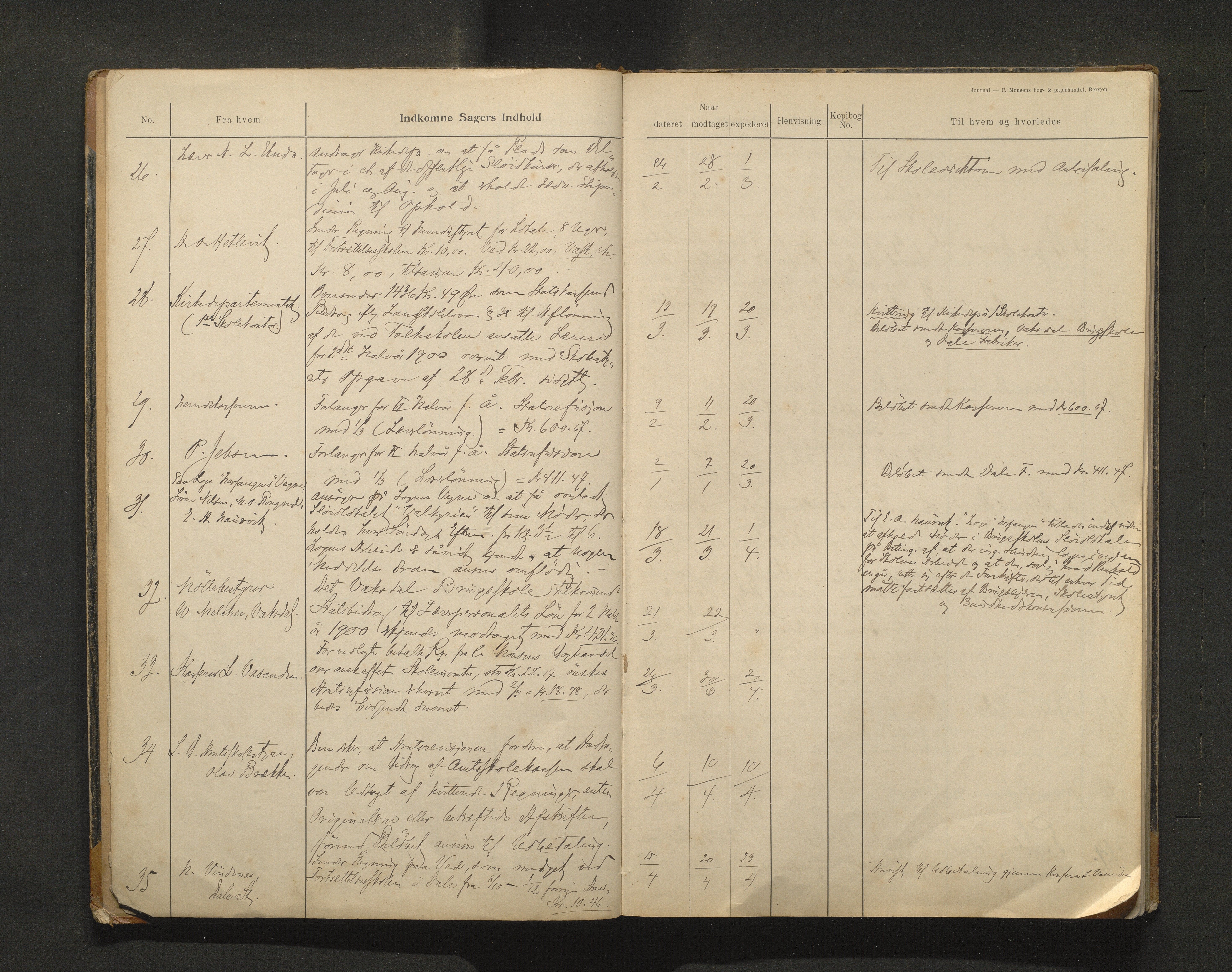 Bruvik kommune. Skulestyre, IKAH/1251a-211/C/Ca/L0002: Postjournal for Bruvik skulestyre, 1901-1912