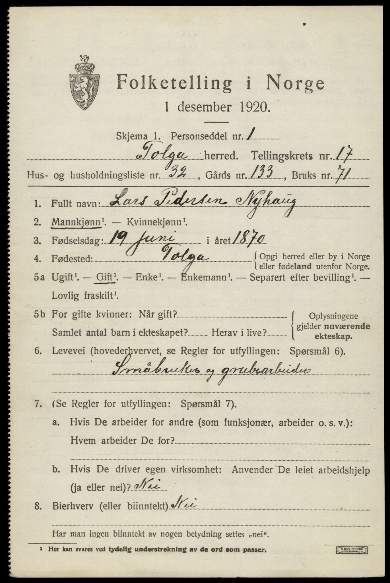 SAH, 1920 census for Tolga, 1920, p. 8145