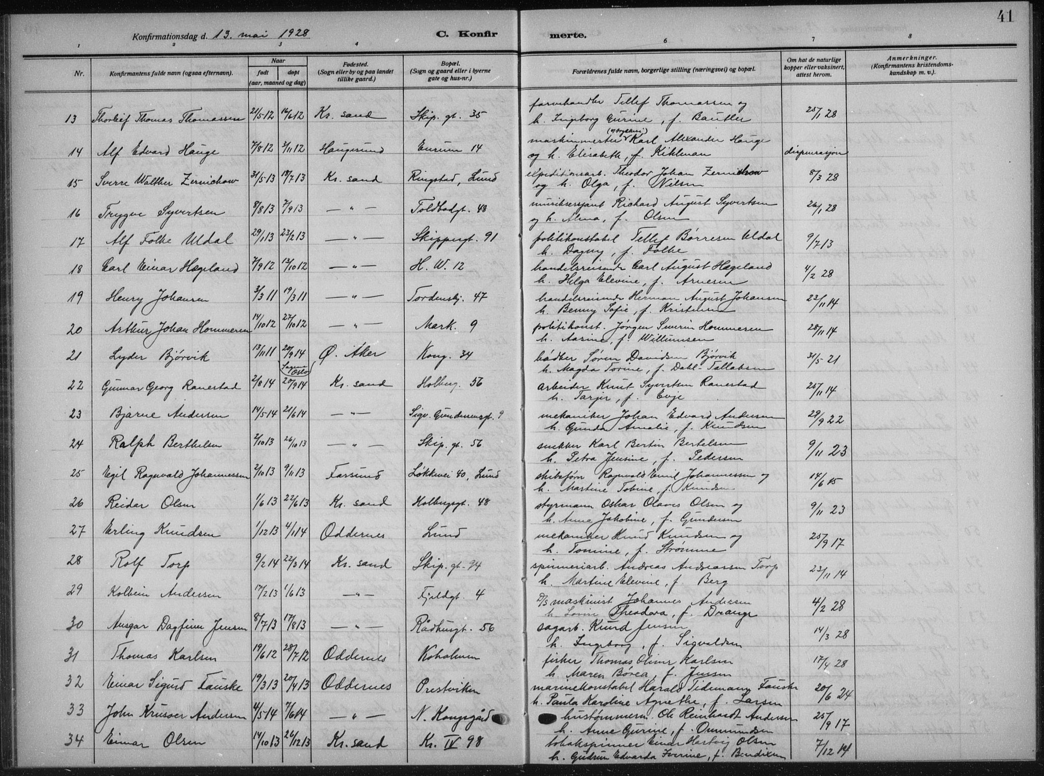 Kristiansand domprosti, AV/SAK-1112-0006/F/Fb/L0025: Parish register (copy) no. B 25, 1924-1934, p. 41
