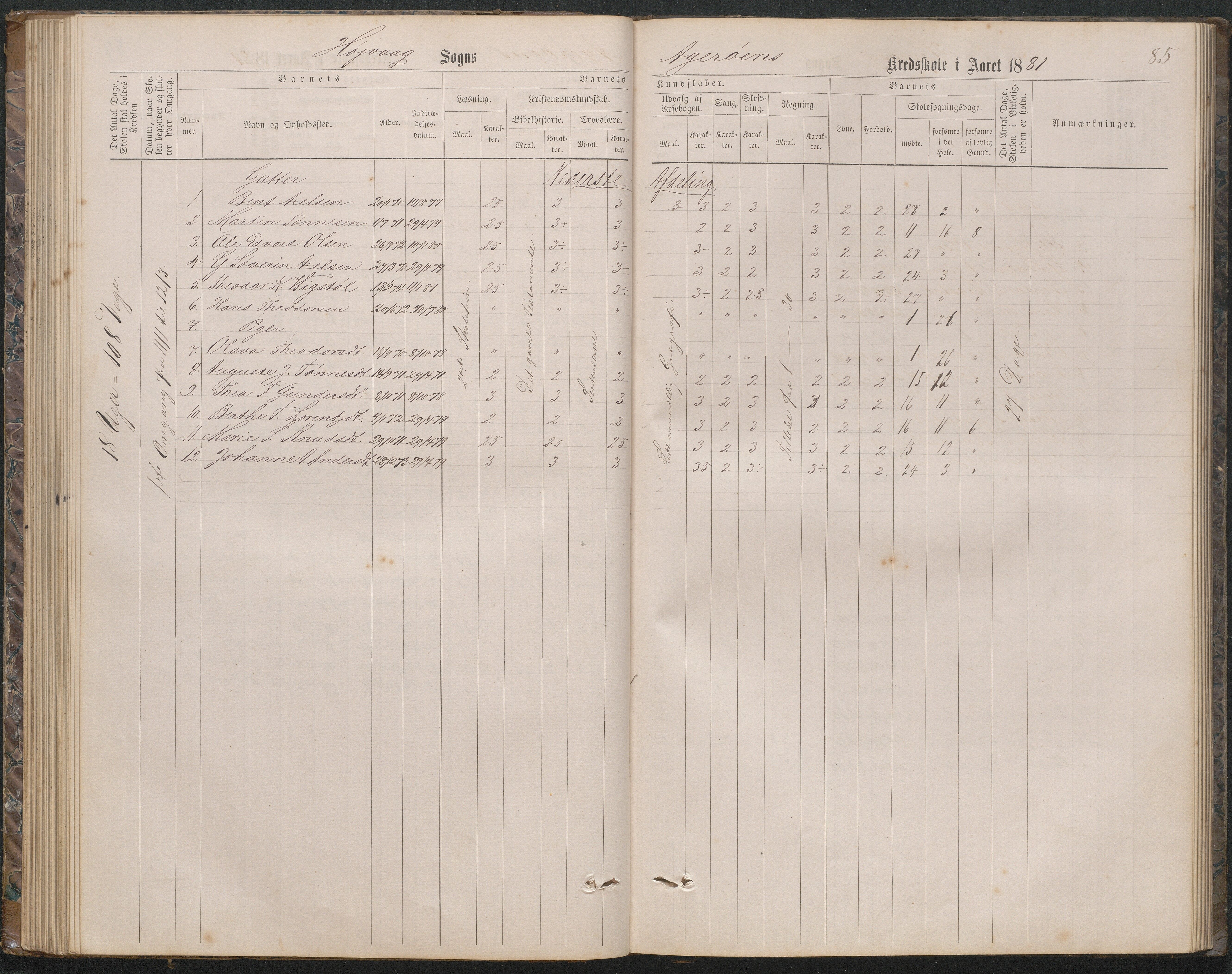 Høvåg kommune, AAKS/KA0927-PK/2/2/L0019: Åkerøy - Karakterprotokoll, 1863-1895, p. 85