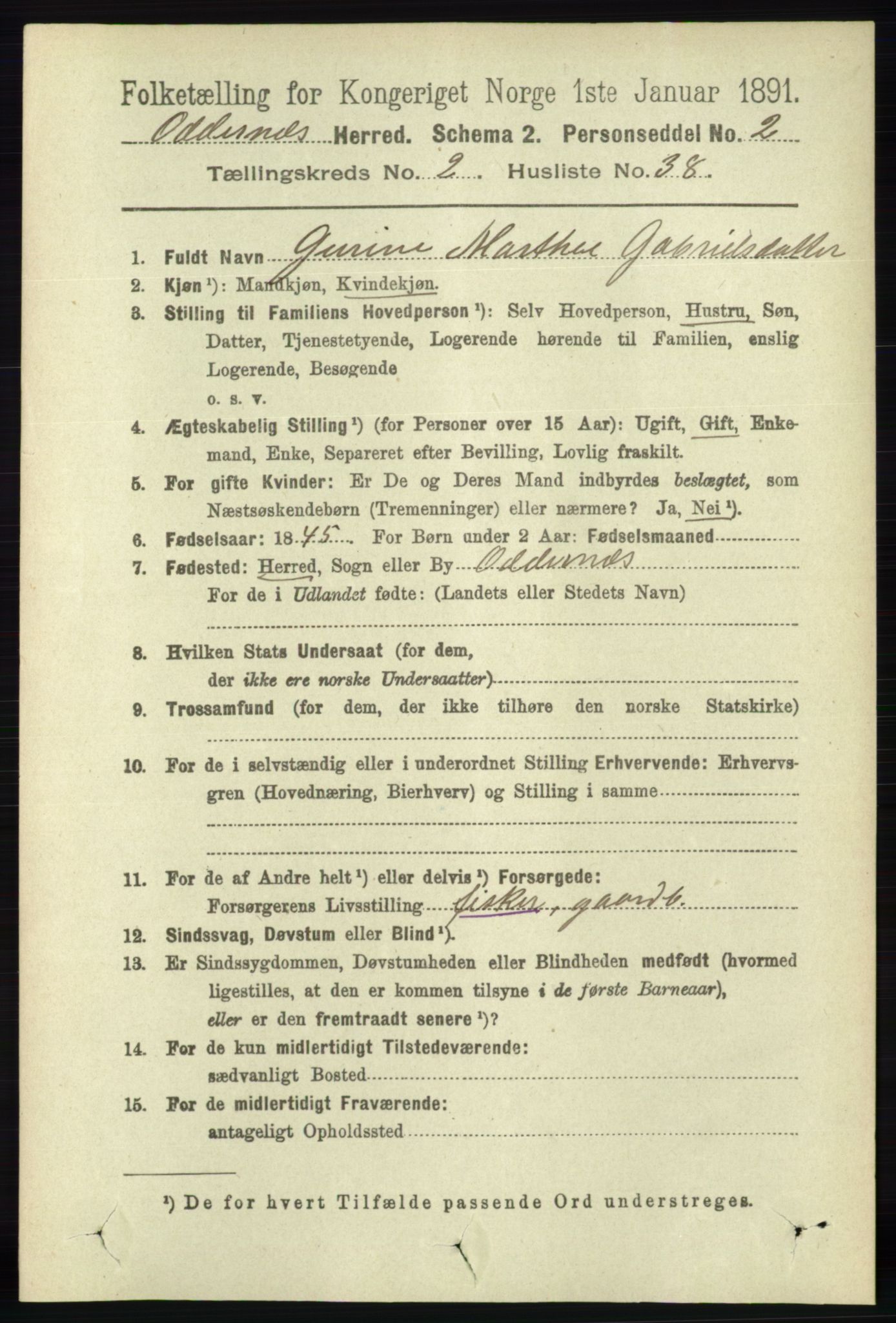 RA, 1891 census for 1012 Oddernes, 1891, p. 744