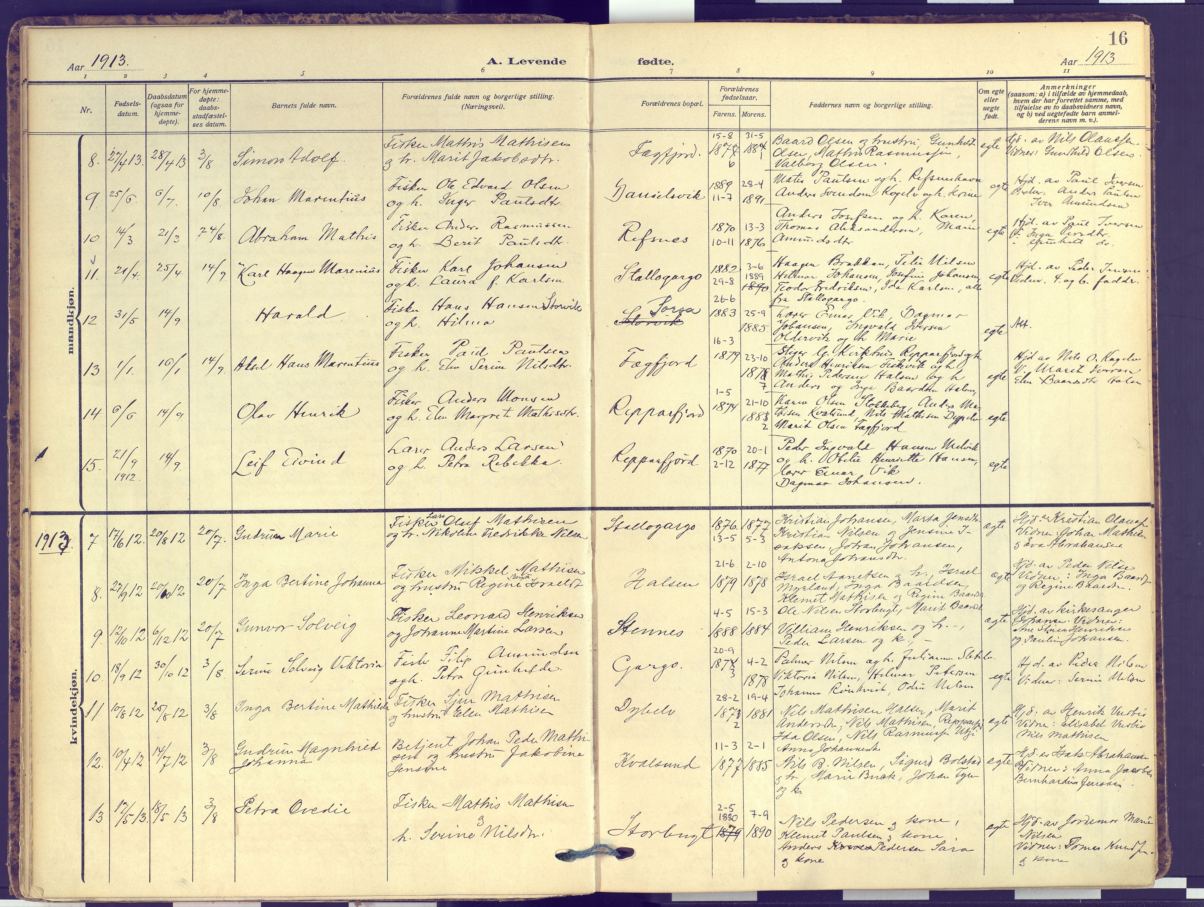 Hammerfest sokneprestkontor, SATØ/S-1347: Parish register (official) no. 16, 1908-1923, p. 16