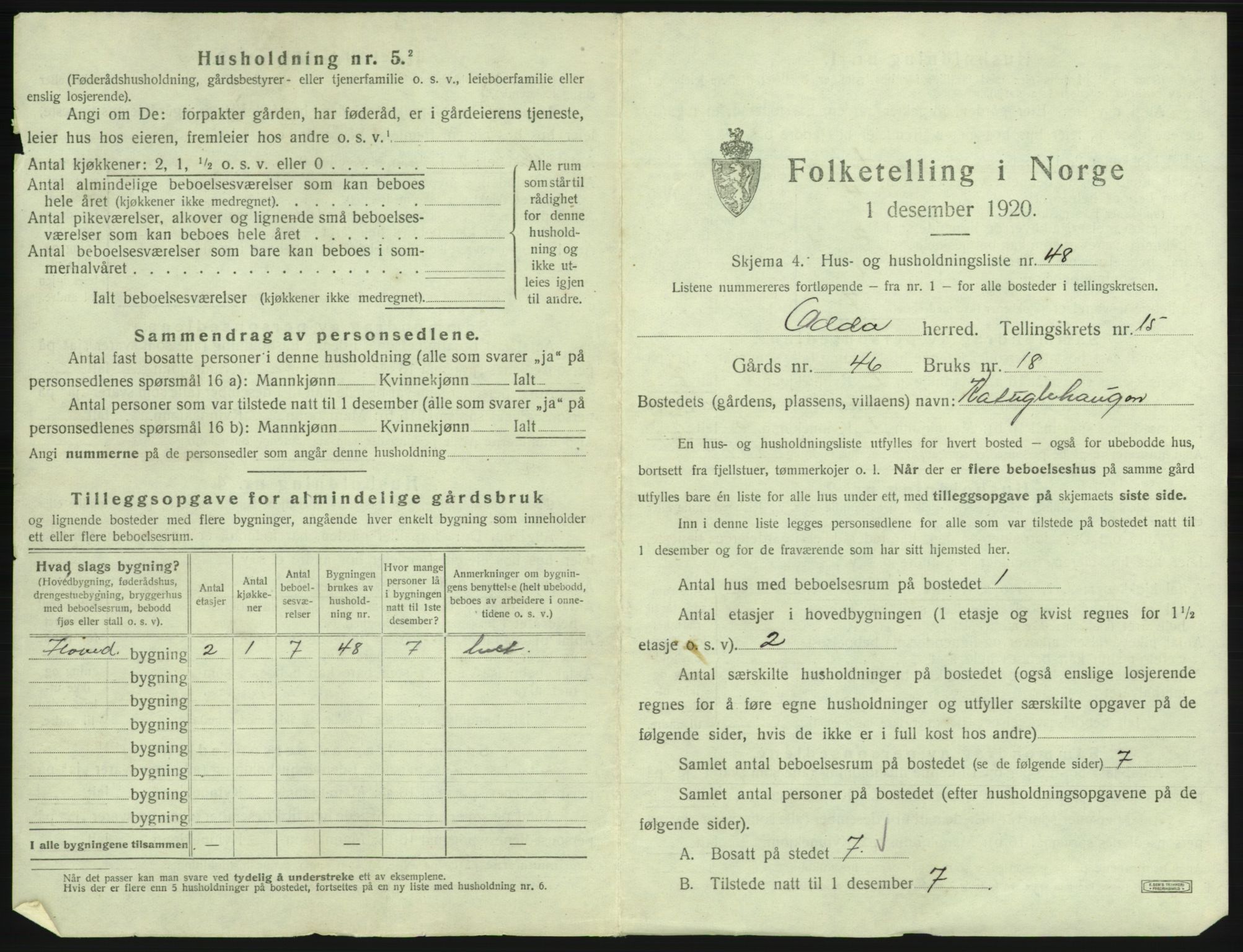 SAB, 1920 census for Odda, 1920, p. 1361