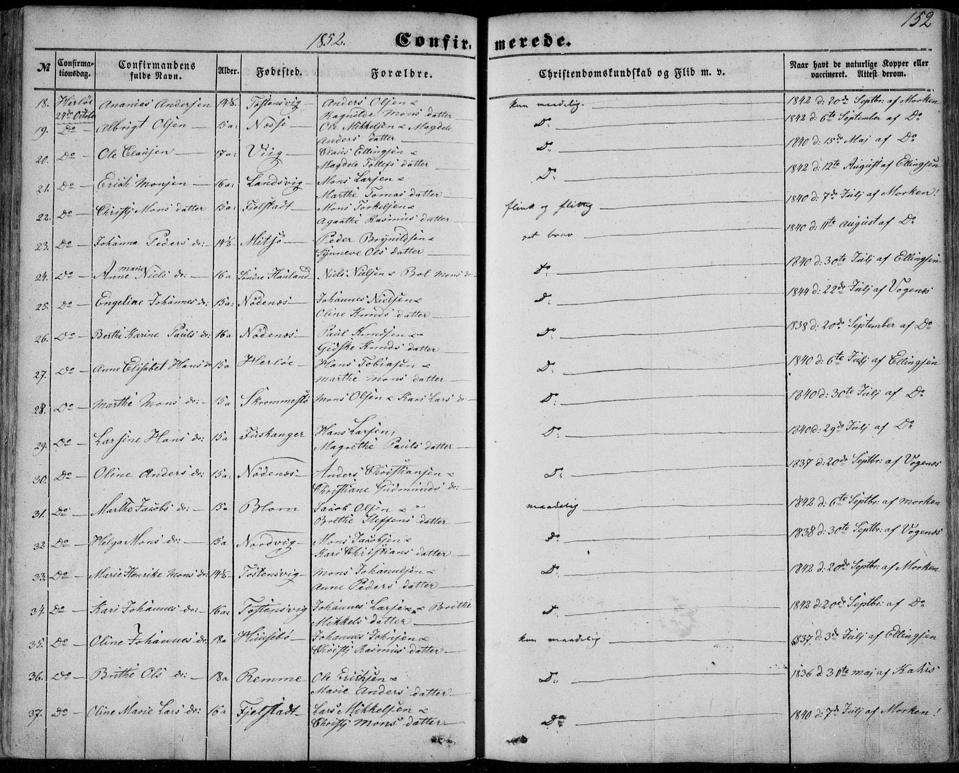 Manger sokneprestembete, SAB/A-76801/H/Haa: Parish register (official) no. A 6, 1849-1859, p. 152