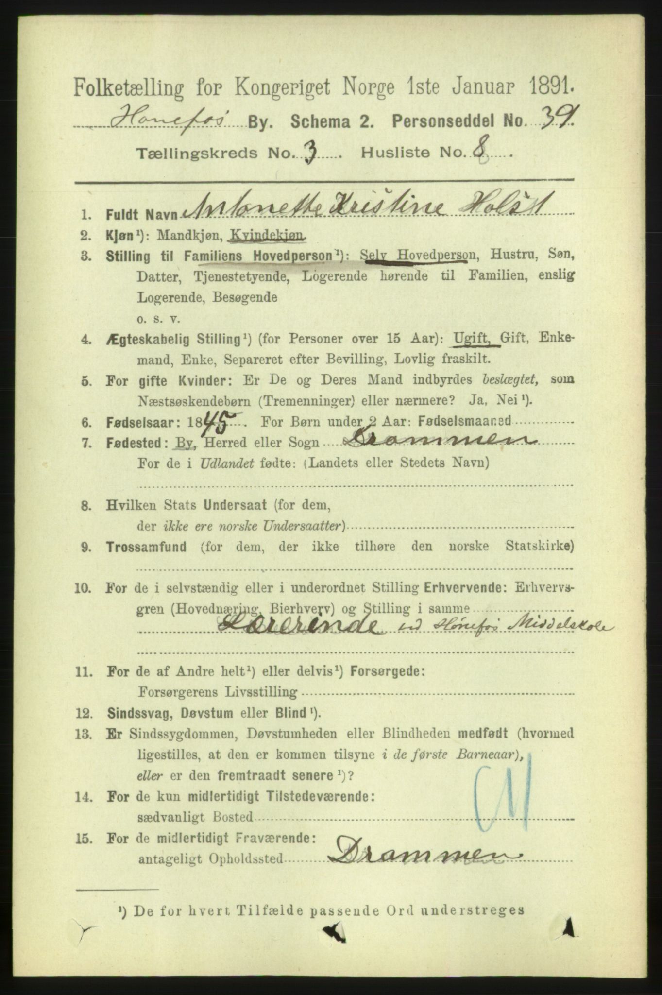 RA, 1891 census for 0601 Hønefoss, 1891, p. 781