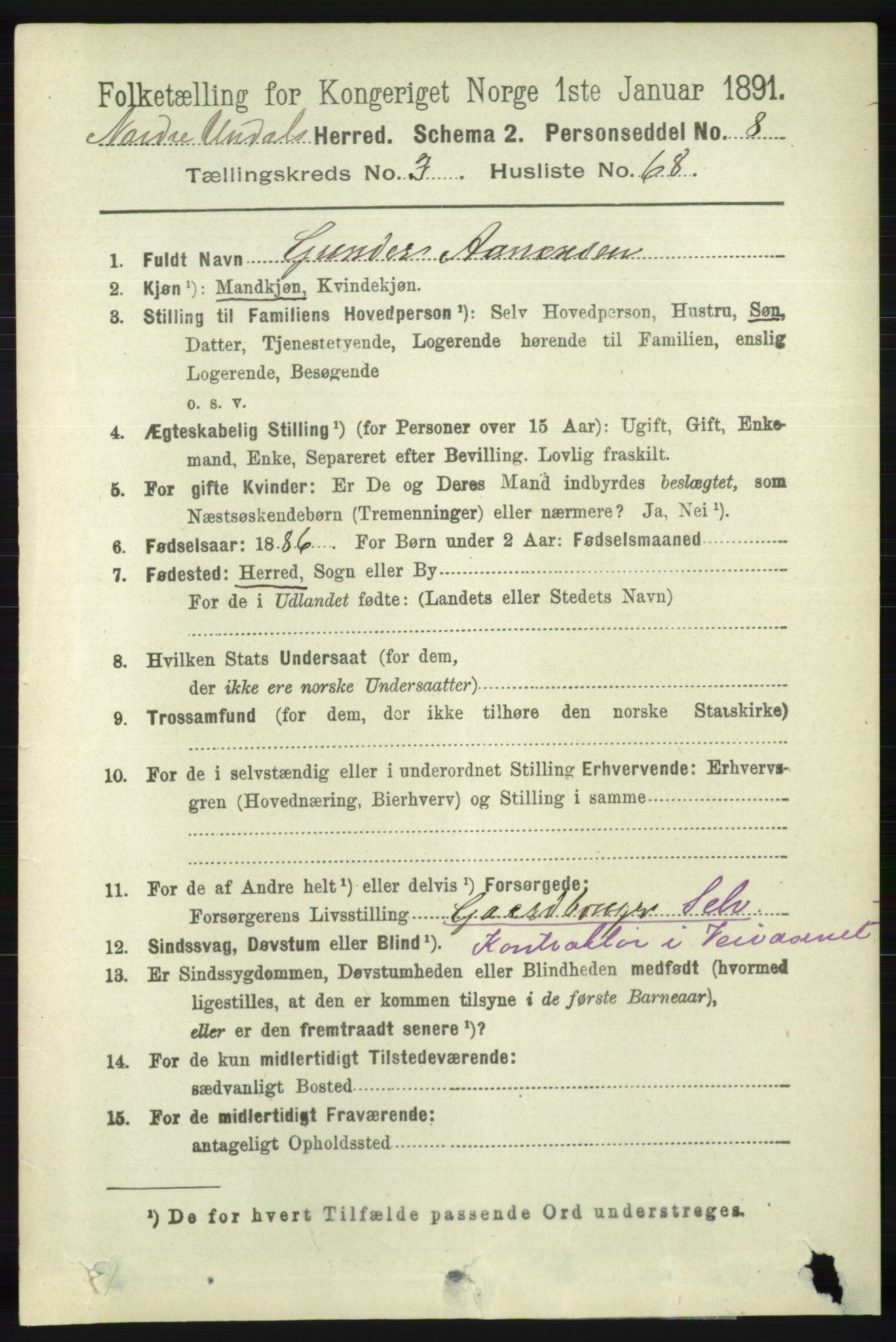 RA, 1891 census for 1028 Nord-Audnedal, 1891, p. 1077