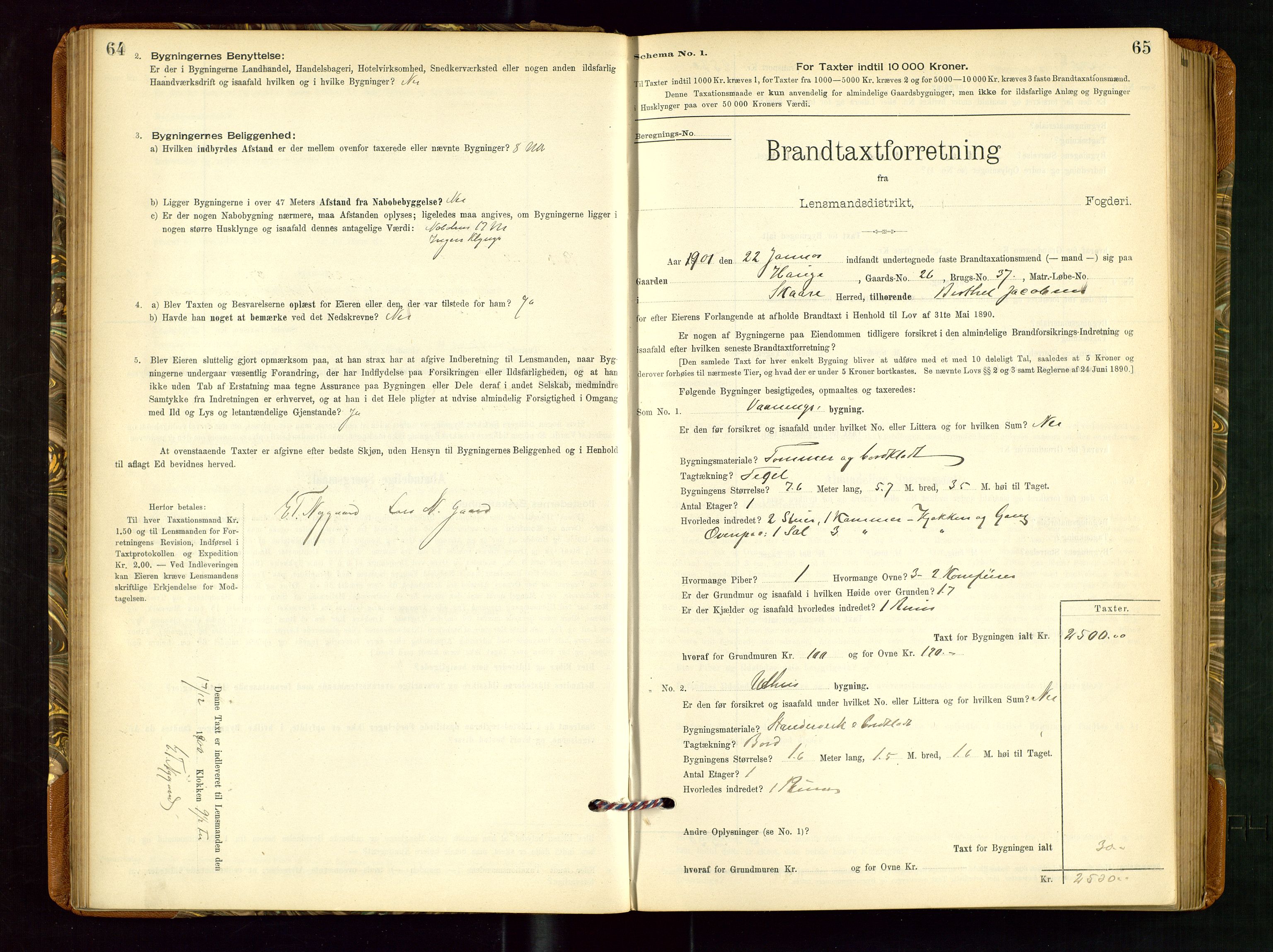 Torvestad lensmannskontor, SAST/A-100307/1/Gob/L0002: "Brandtakstprotokol for Lensmanden i Torvestad", 1900-1905, p. 64-65