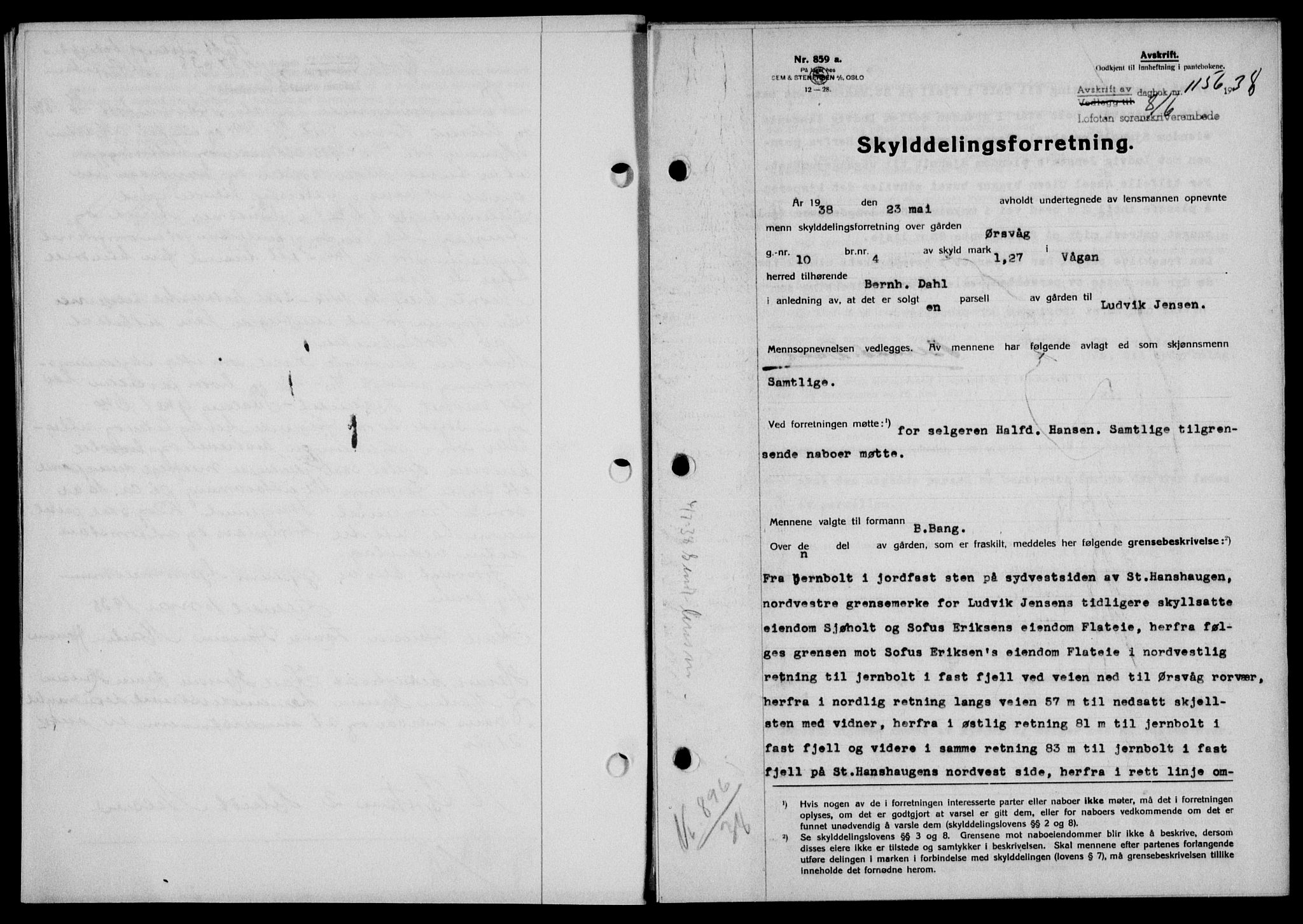 Lofoten sorenskriveri, SAT/A-0017/1/2/2C/L0004a: Mortgage book no. 4a, 1938-1938, Diary no: : 1156/1938