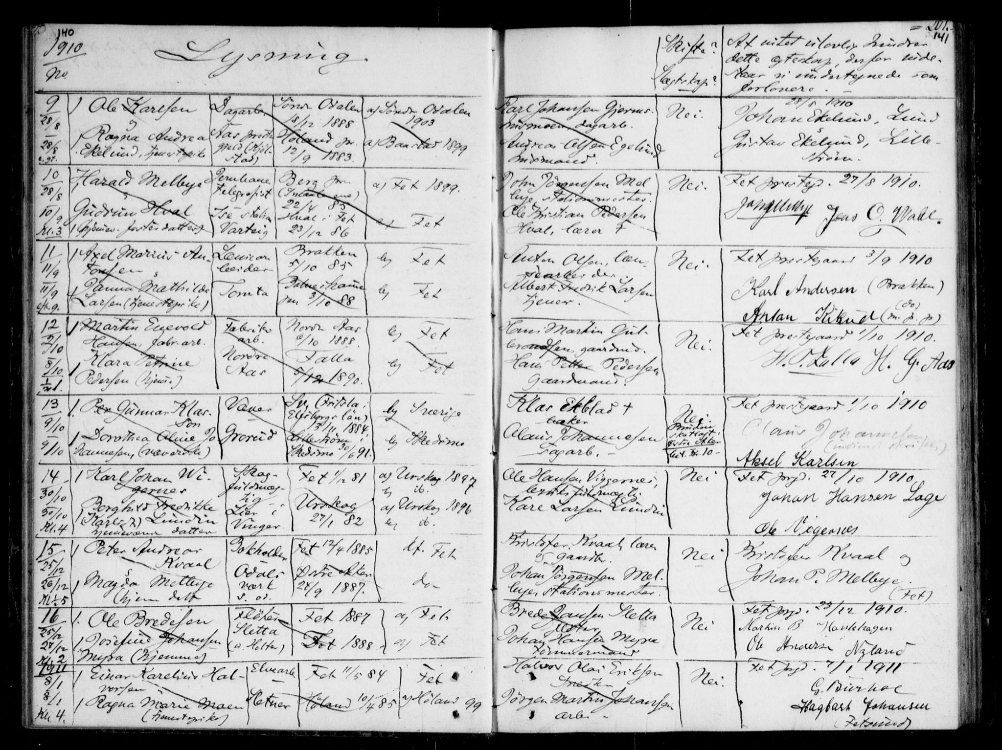 Fet prestekontor Kirkebøker, AV/SAO-A-10370a/H/Ha/L0001: Banns register no. 1, 1906-1919, p. 140-141