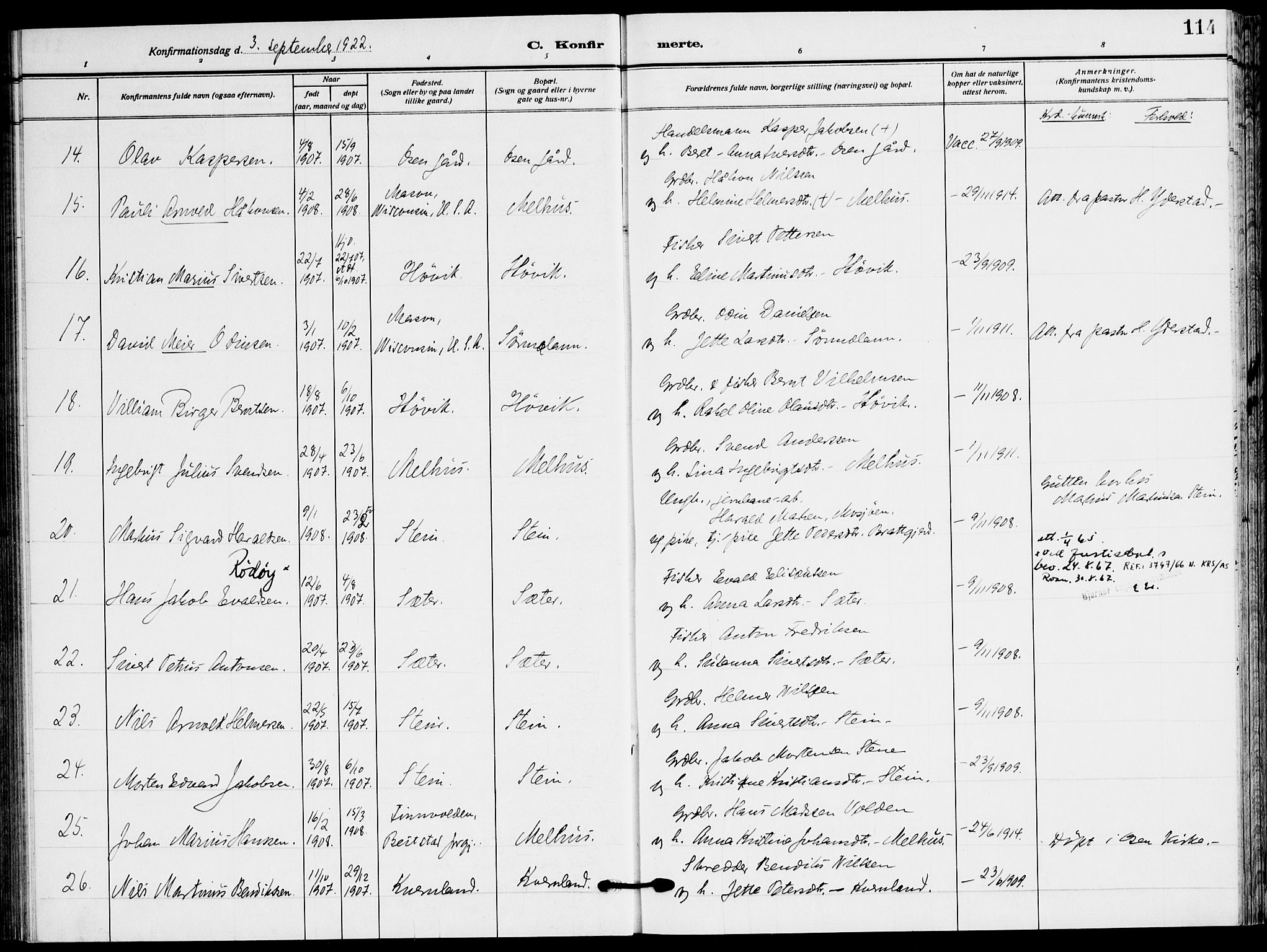 Ministerialprotokoller, klokkerbøker og fødselsregistre - Sør-Trøndelag, SAT/A-1456/658/L0724: Parish register (official) no. 658A03, 1912-1924, p. 114