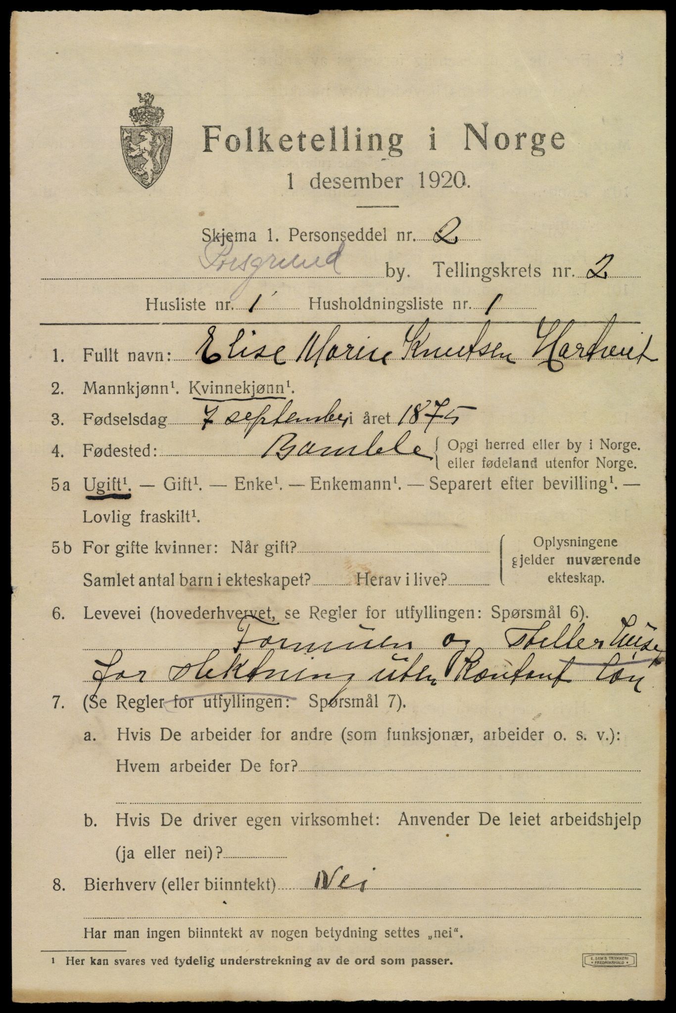 SAKO, 1920 census for Porsgrunn, 1920, p. 10839