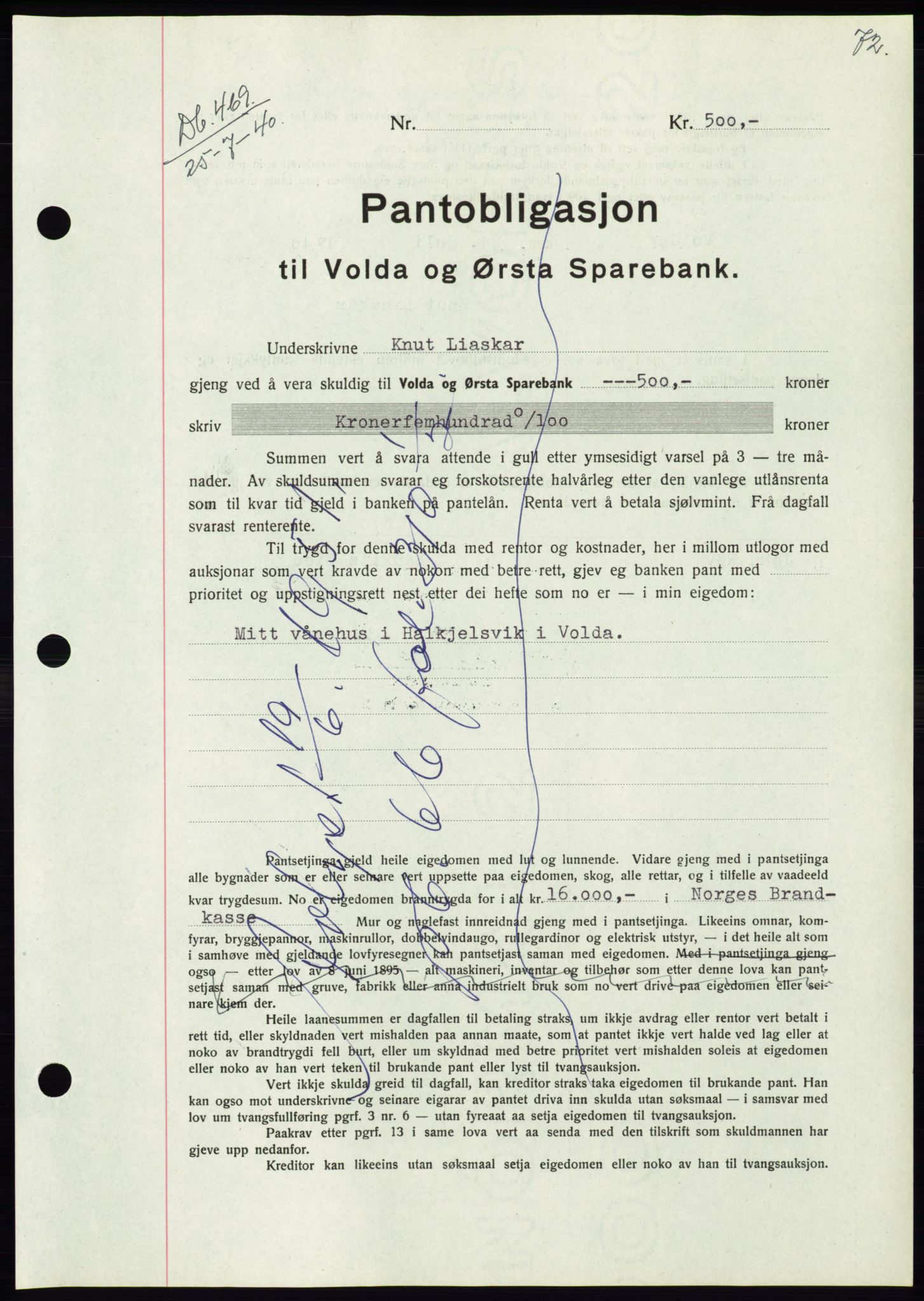 Søre Sunnmøre sorenskriveri, AV/SAT-A-4122/1/2/2C/L0070: Mortgage book no. 64, 1940-1941, Diary no: : 469/1940