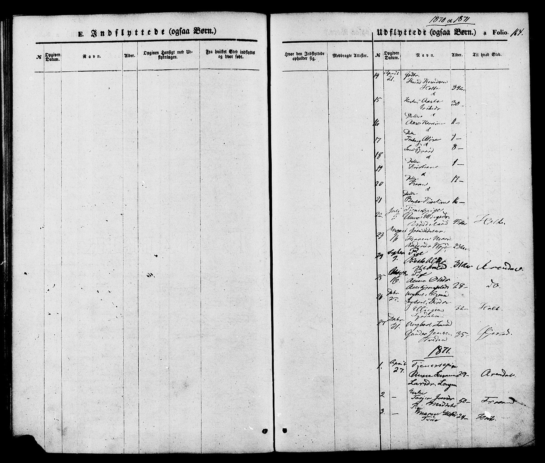 Austre Moland sokneprestkontor, SAK/1111-0001/F/Fa/Faa/L0009: Parish register (official) no. A 9, 1869-1879, p. 164