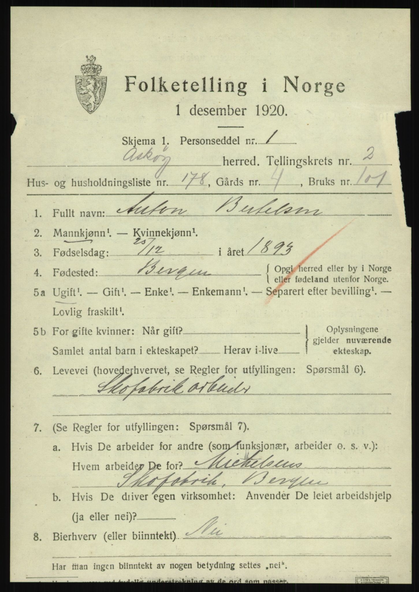 SAB, 1920 census for Askøy, 1920, p. 6368