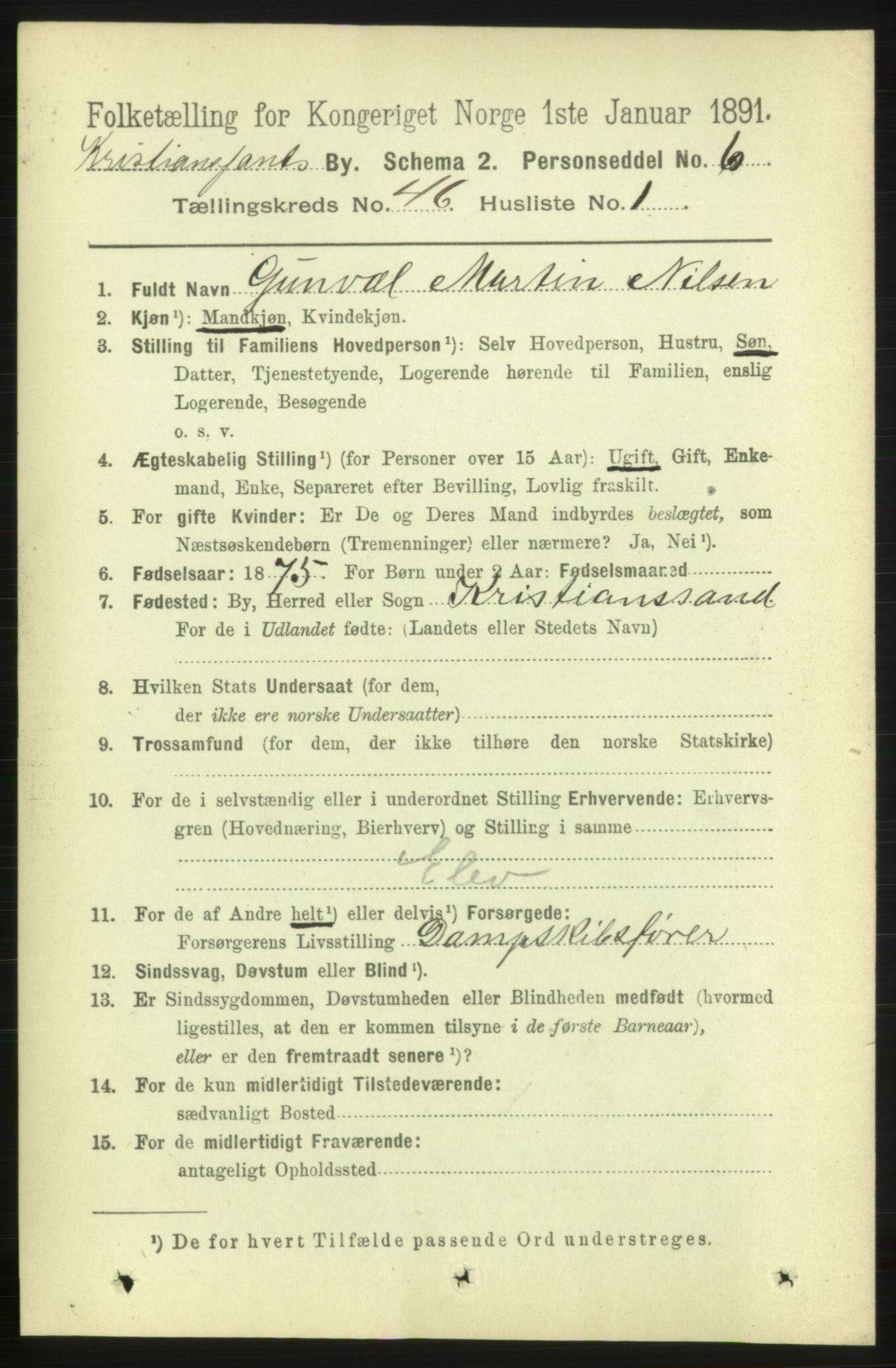 RA, 1891 census for 1001 Kristiansand, 1891, p. 14005