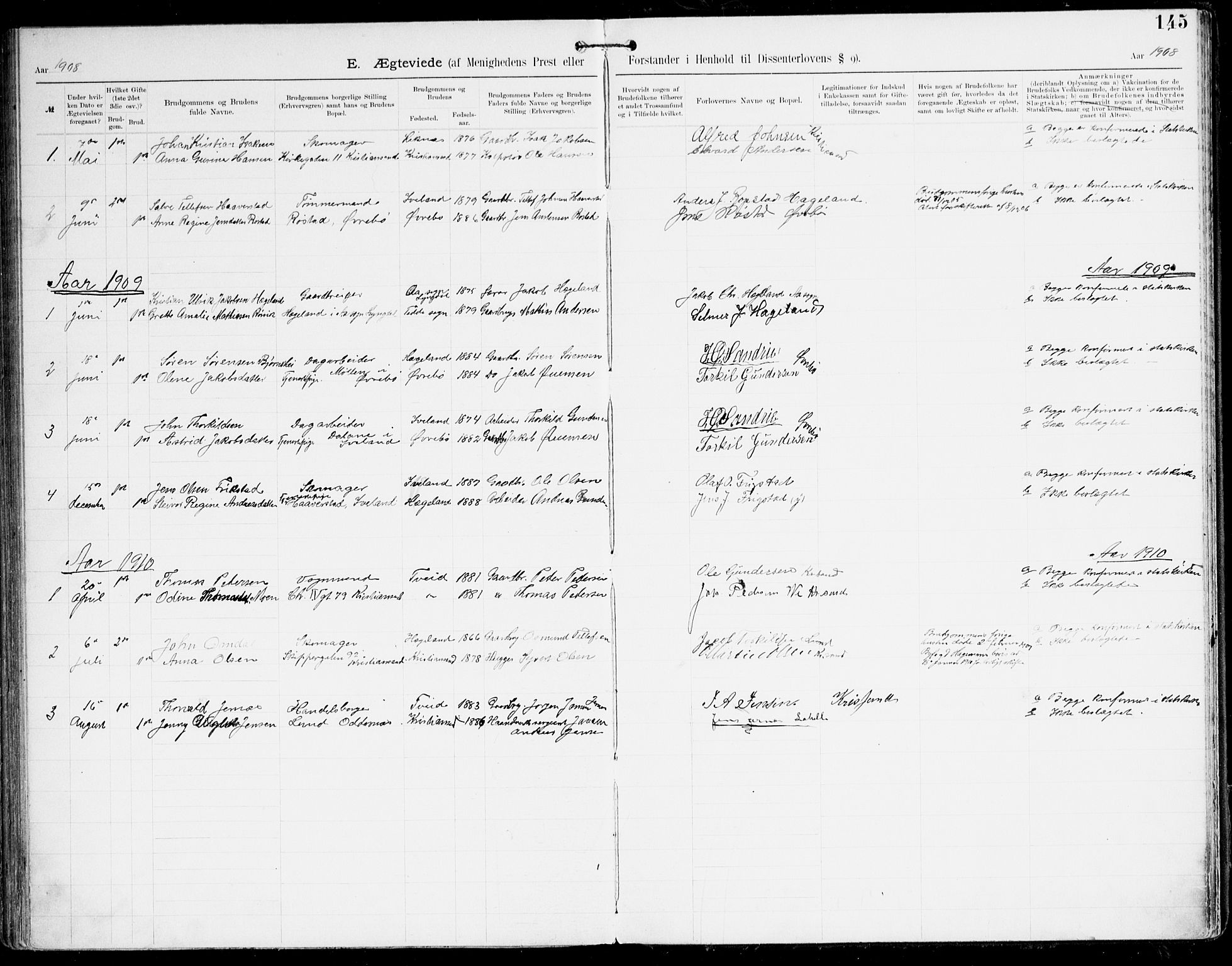 Den evangelisk-lutherske frikirke, Kristiansand, SAK/1292-0017/F/Fa/L0003: Dissenter register no. F 11, 1892-1925, p. 145