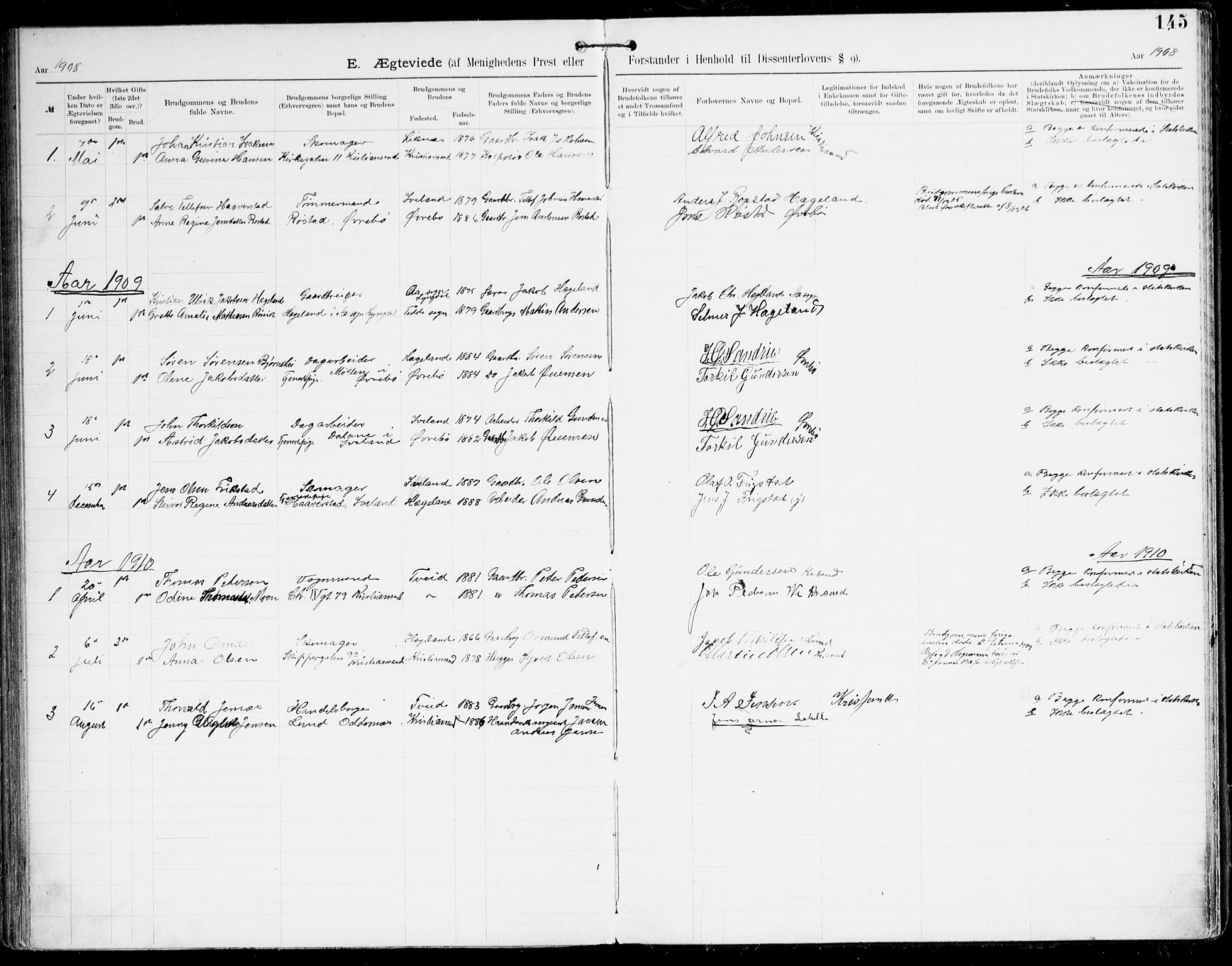 Den evangelisk-lutherske frikirke, Kristiansand, AV/SAK-1292-0017/F/Fa/L0003: Dissenter register no. F 11, 1892-1925, p. 145