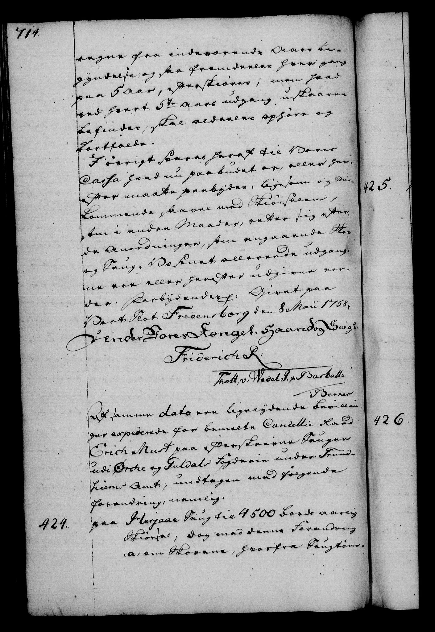 Rentekammeret, Kammerkanselliet, RA/EA-3111/G/Gg/Gga/L0006: Norsk ekspedisjonsprotokoll med register (merket RK 53.6), 1749-1759, p. 714
