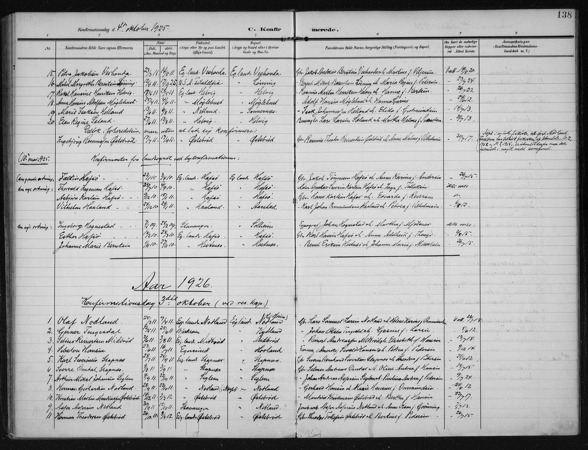 Eigersund sokneprestkontor, AV/SAST-A-101807/001/30/30BA/L0021: Parish register (official) no. A 20, 1906-1928, p. 138