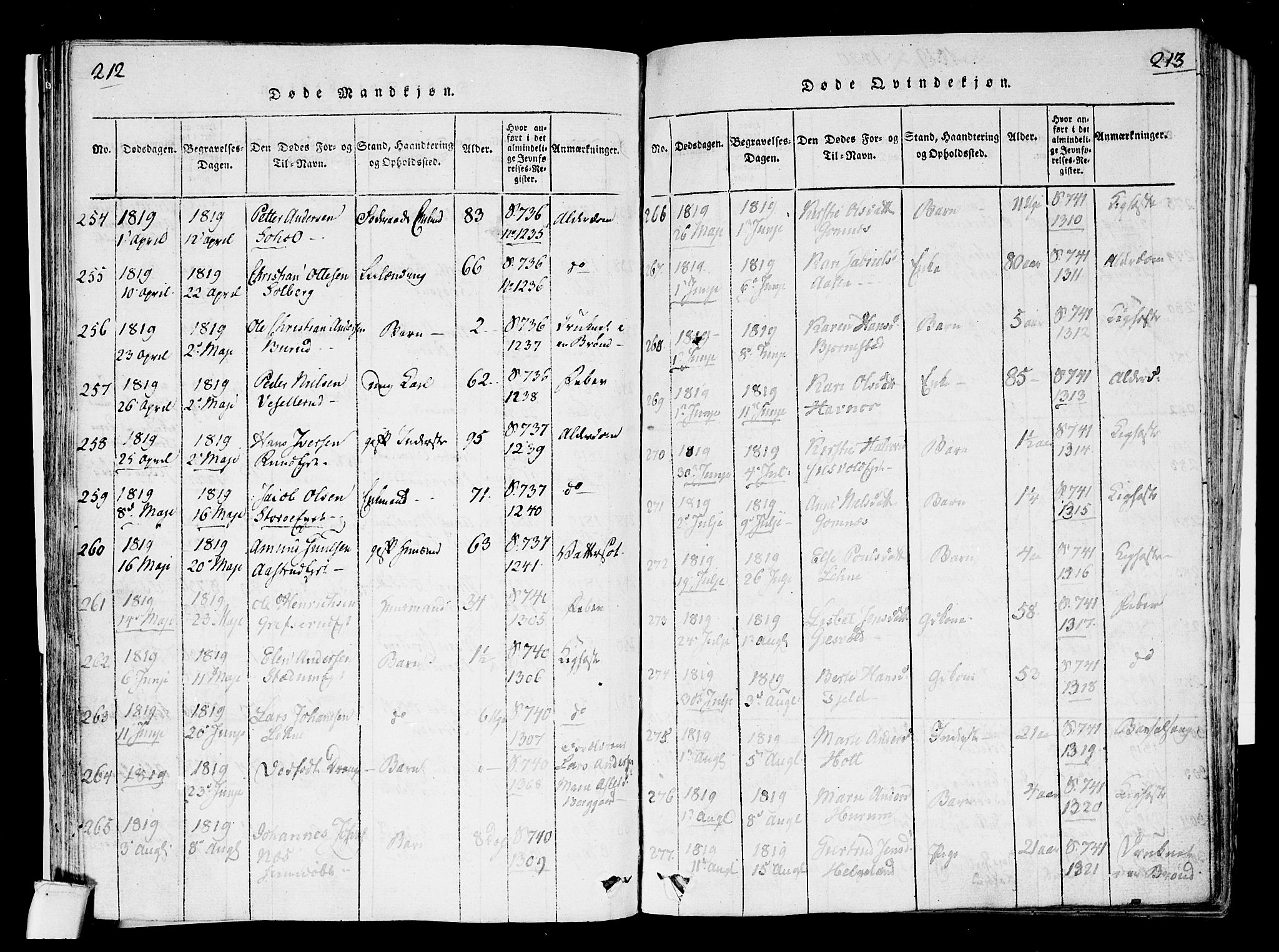 Hole kirkebøker, SAKO/A-228/F/Fa/L0004: Parish register (official) no. I 4, 1814-1833, p. 212-213