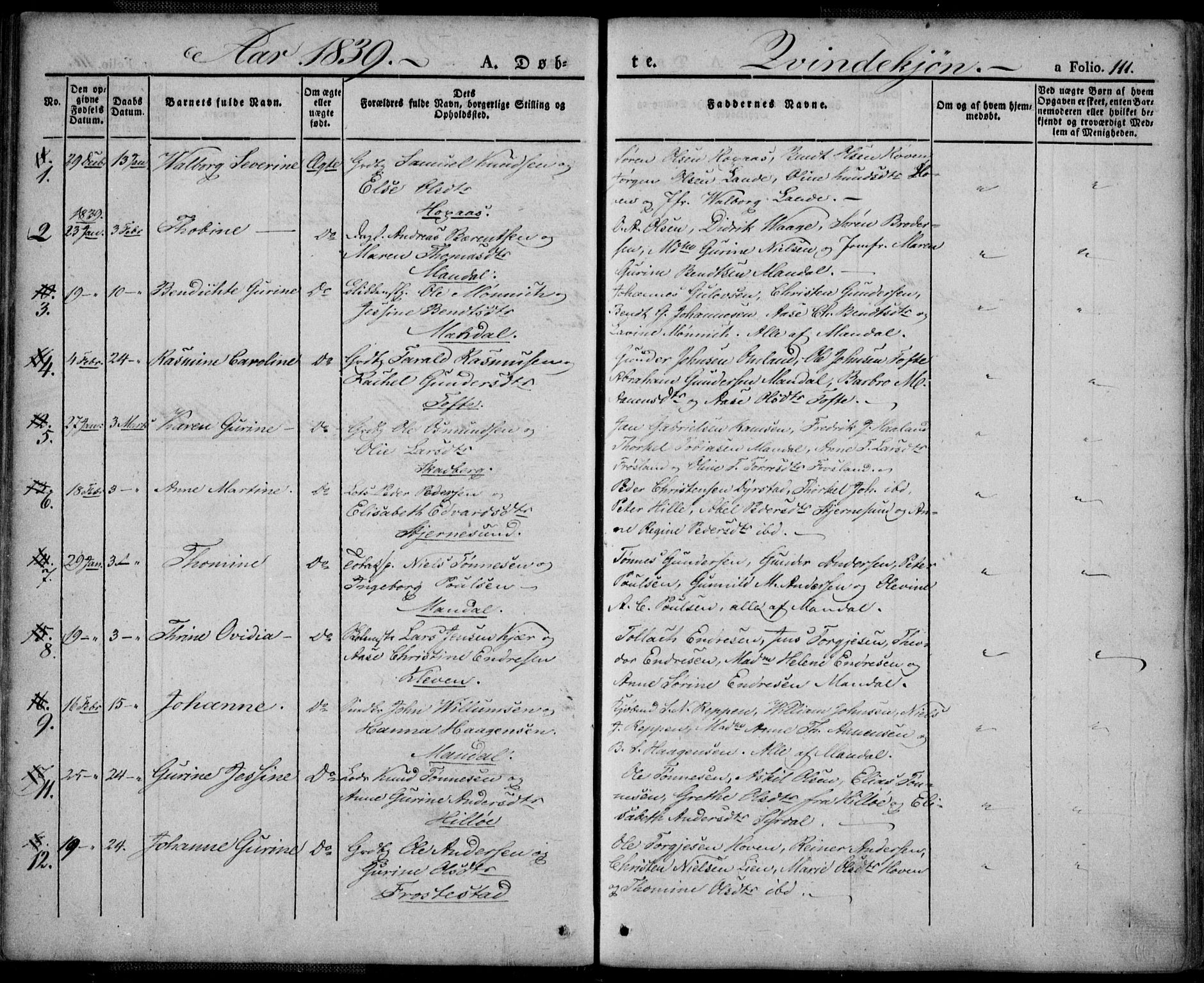 Mandal sokneprestkontor, SAK/1111-0030/F/Fa/Faa/L0011: Parish register (official) no. A 11, 1830-1839, p. 111