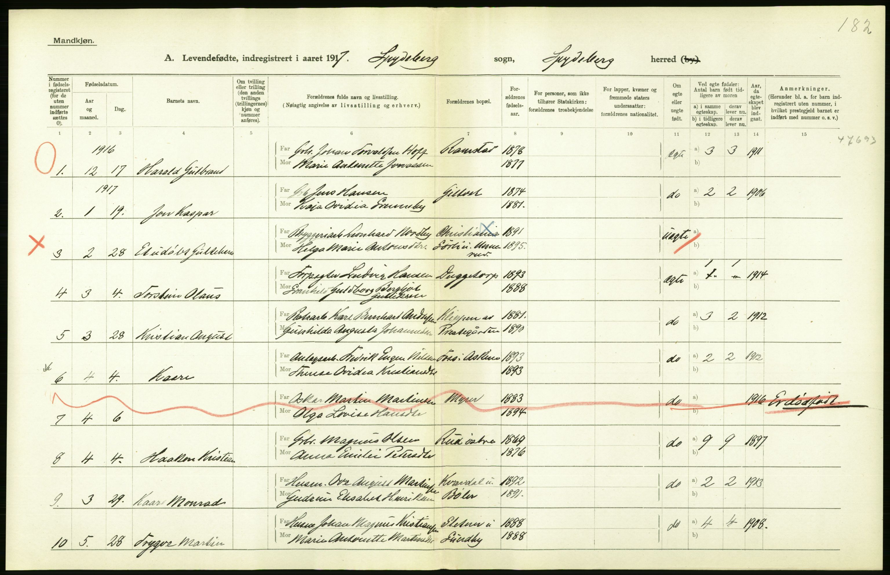 Statistisk sentralbyrå, Sosiodemografiske emner, Befolkning, AV/RA-S-2228/D/Df/Dfb/Dfbg/L0001: Smålenenes amt: Levendefødte menn og kvinner. Bygder., 1917, p. 48