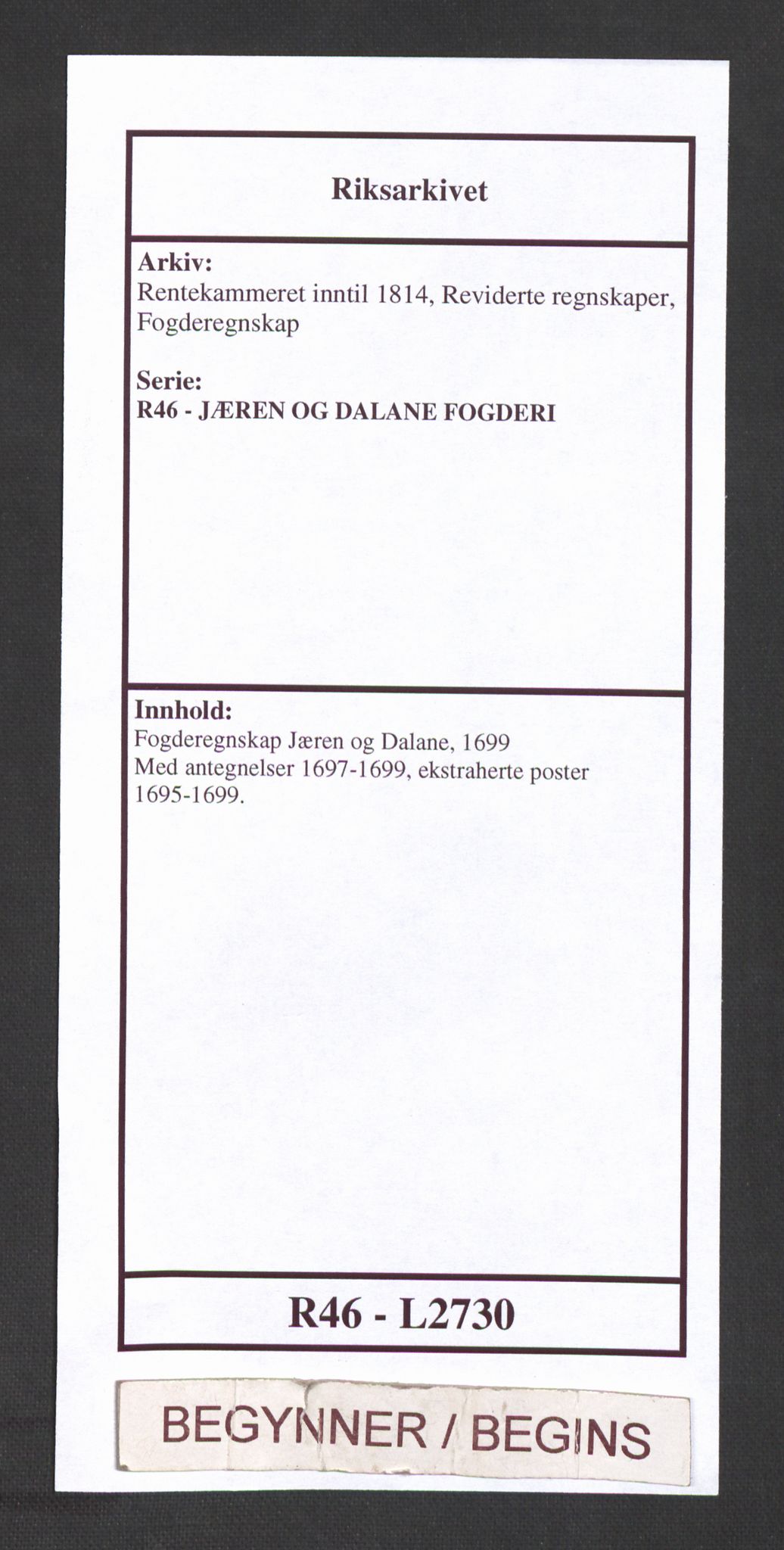 Rentekammeret inntil 1814, Reviderte regnskaper, Fogderegnskap, RA/EA-4092/R46/L2730: Fogderegnskap Jæren og Dalane, 1699, p. 1