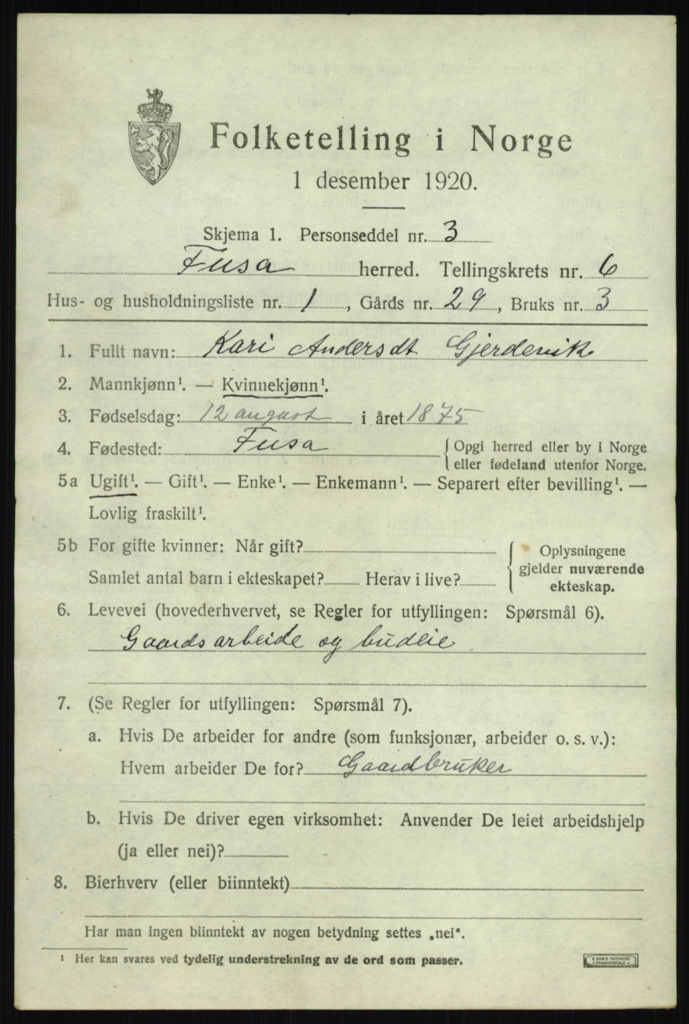 SAB, 1920 census for Fusa, 1920, p. 2463