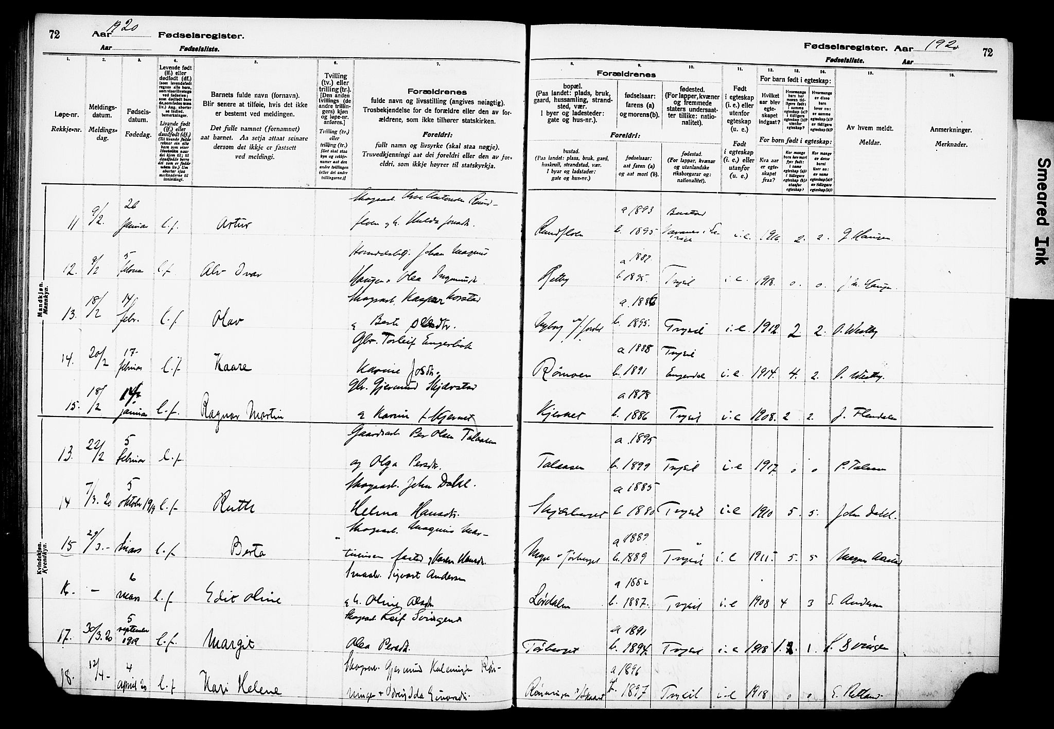 Trysil prestekontor, AV/SAH-PREST-046/I/Id/Ida/L0001: Birth register no. I 1, 1916-1927, p. 72