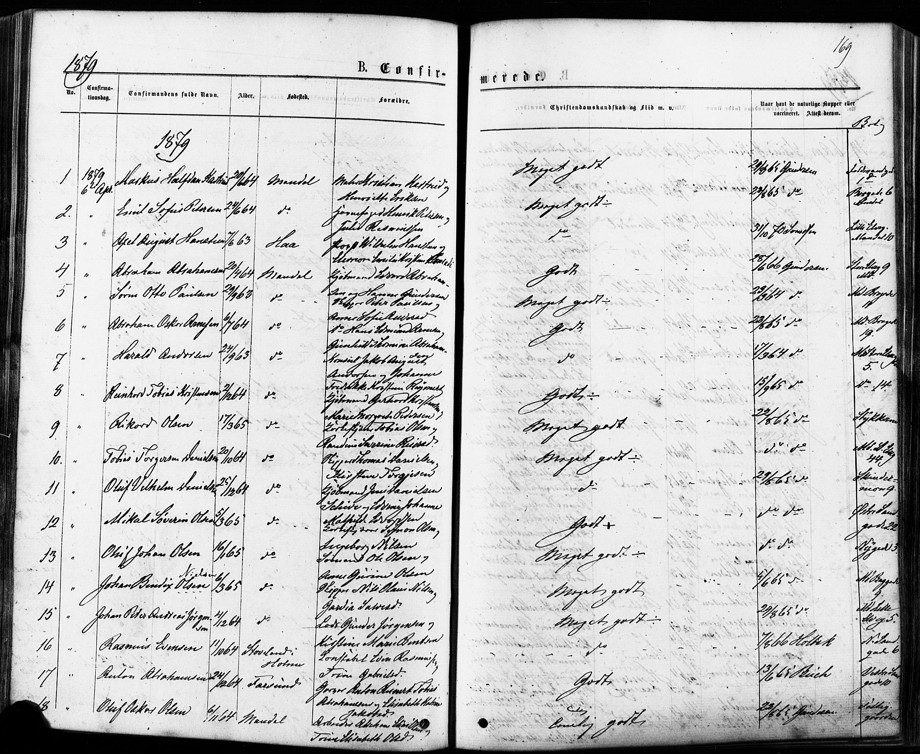 Mandal sokneprestkontor, AV/SAK-1111-0030/F/Fa/Faa/L0015: Parish register (official) no. A 15, 1873-1879, p. 169