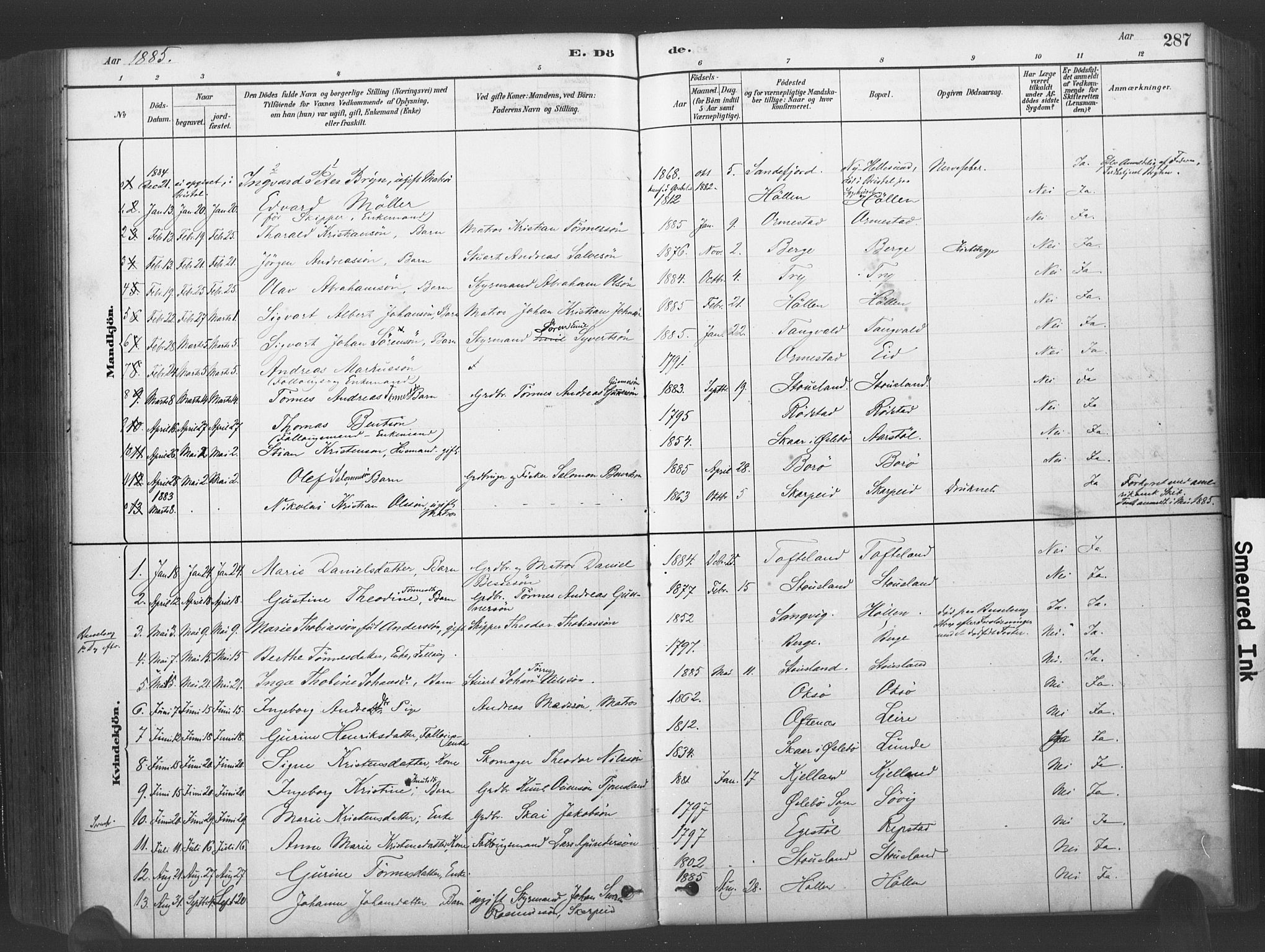 Søgne sokneprestkontor, AV/SAK-1111-0037/F/Fa/Fab/L0012: Parish register (official) no. A 12, 1880-1891, p. 287