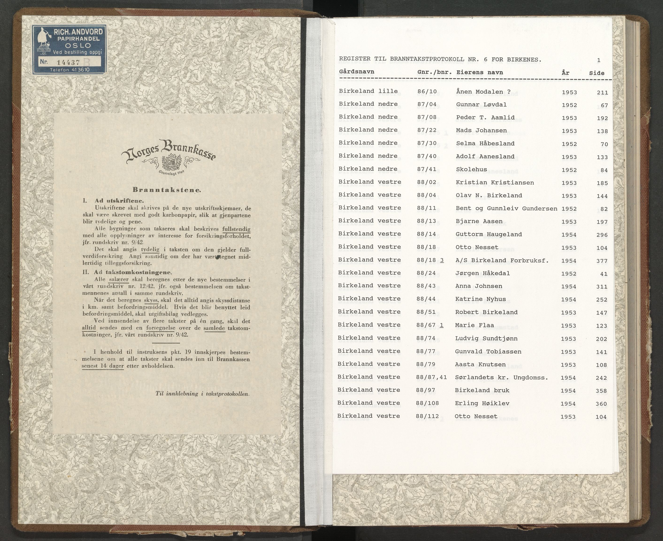 Norges Brannkasse Birkenes, AV/SAK-2241-0005/F/Fa/L0006: Branntakstprotokoll nr. 6 med gårdsnavnregister, 1951-1954