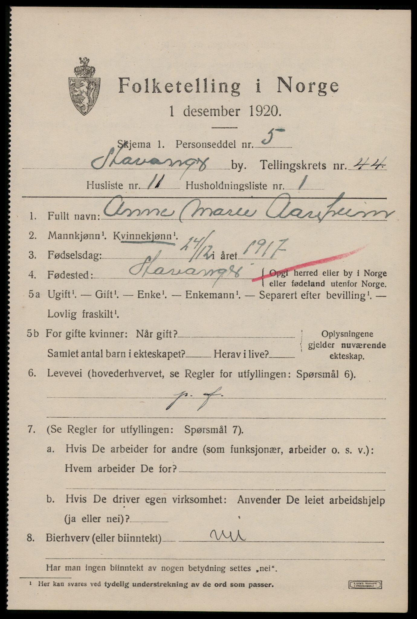 SAST, 1920 census for Stavanger, 1920, p. 108668