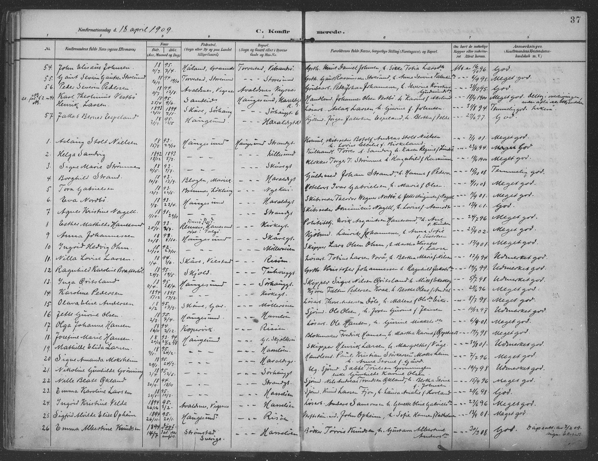 Haugesund sokneprestkontor, AV/SAST-A -101863/H/Ha/Haa/L0007: Parish register (official) no. A 7, 1904-1916, p. 37