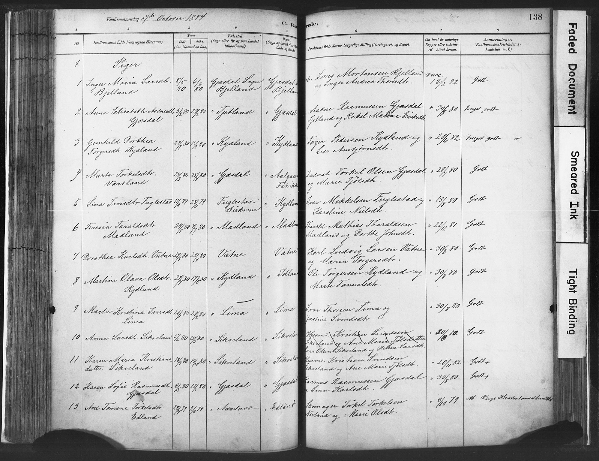 Lye sokneprestkontor, AV/SAST-A-101794/001/30BA/L0010: Parish register (official) no. A 10, 1881-1896, p. 138