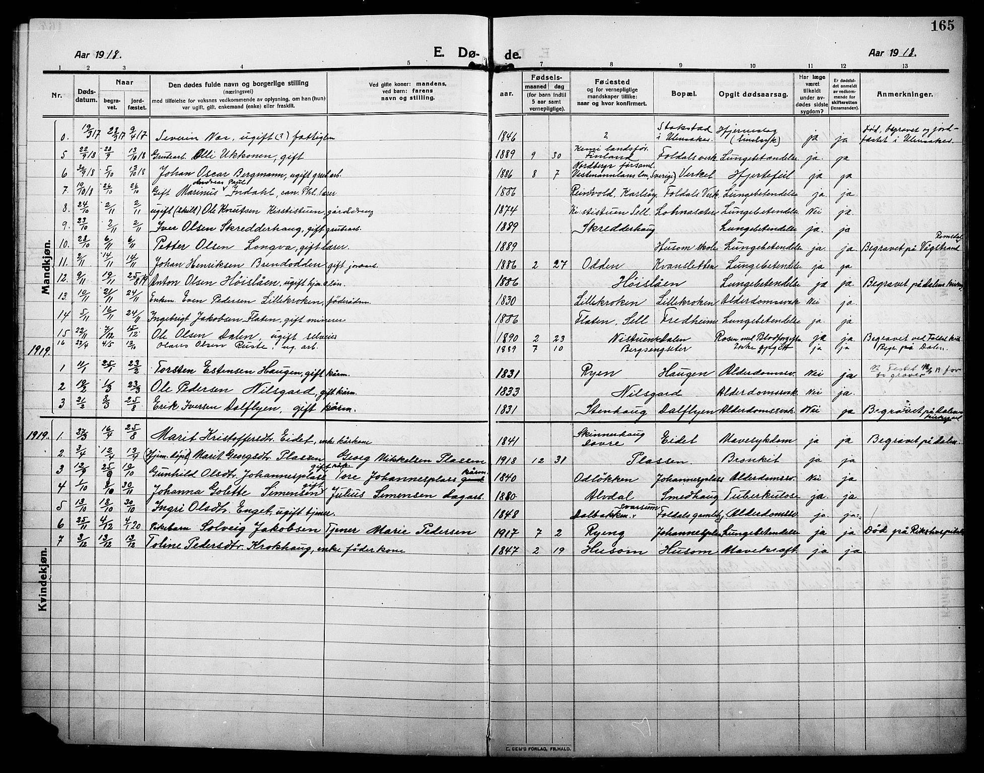 Alvdal prestekontor, SAH/PREST-060/H/Ha/Hab/L0006: Parish register (copy) no. 6, 1910-1924, p. 165