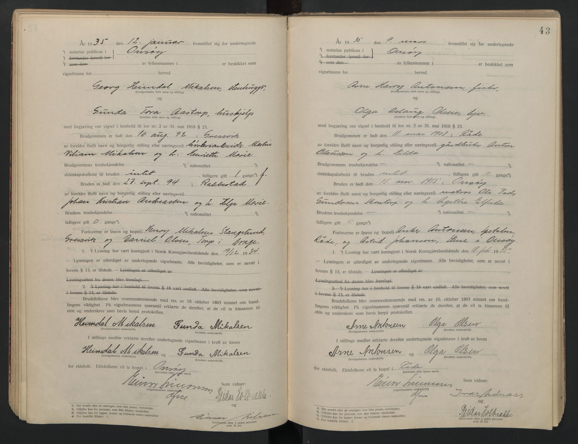 Onsøy sorenskriveri, AV/SAO-A-10474/L/La/L0001: Vigselsbok, 1920-1942, p. 43