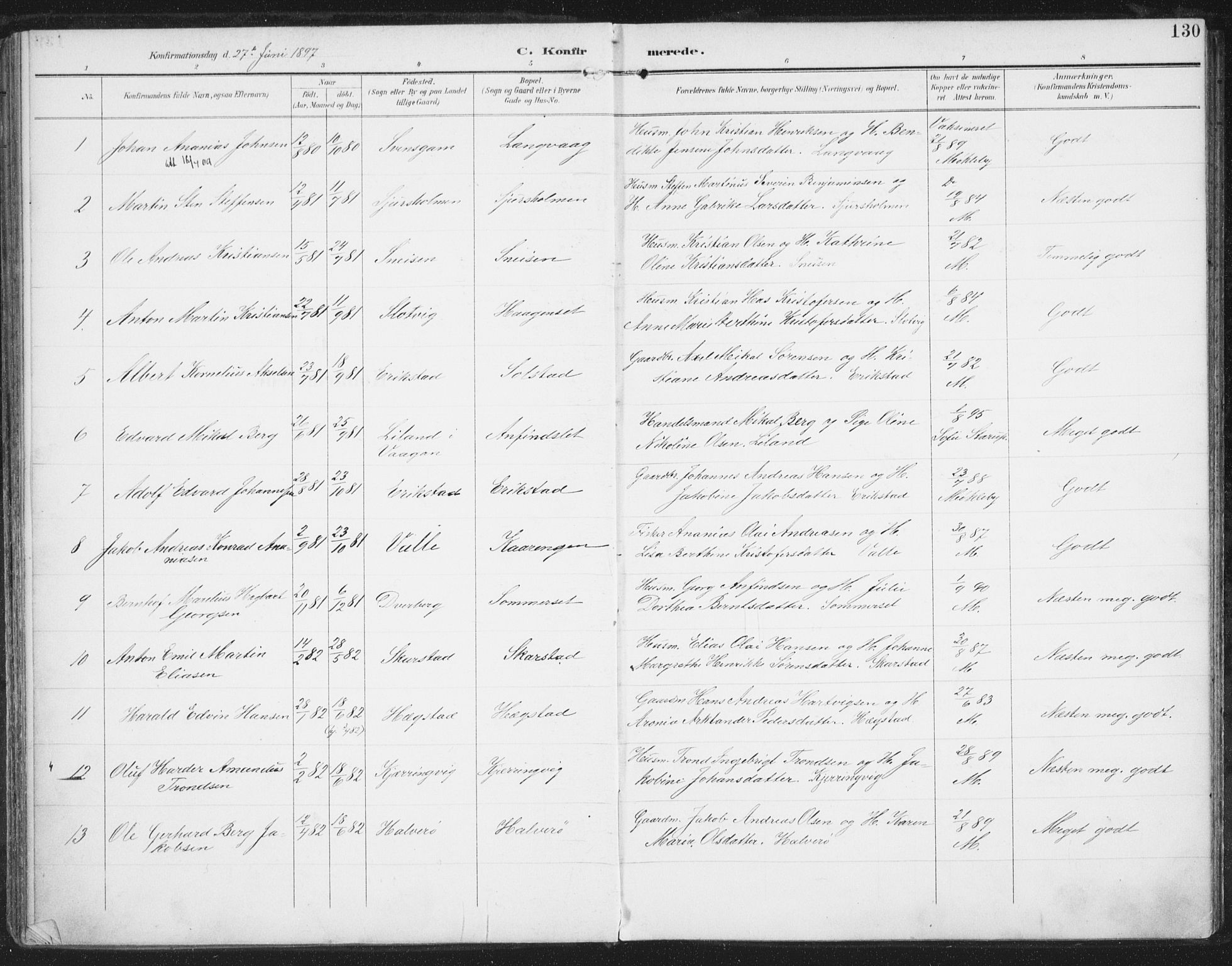 Ministerialprotokoller, klokkerbøker og fødselsregistre - Nordland, AV/SAT-A-1459/872/L1036: Parish register (official) no. 872A11, 1897-1913, p. 130