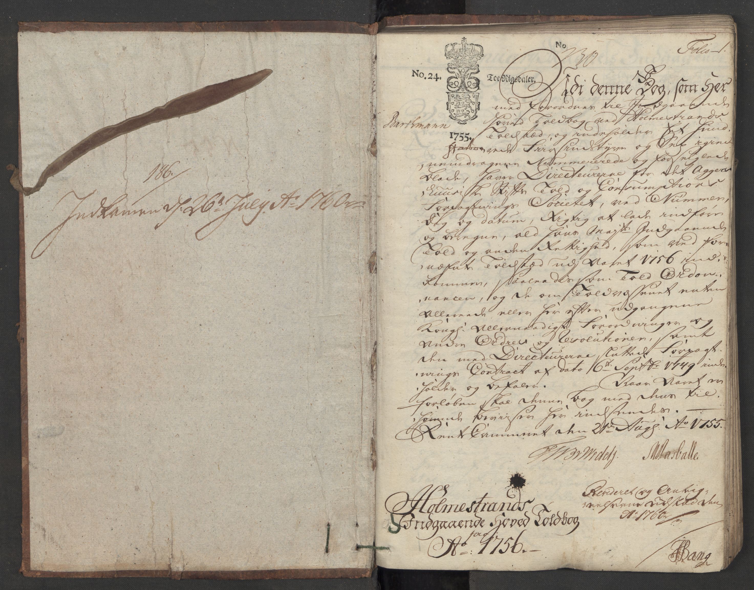 Generaltollkammeret, tollregnskaper, AV/RA-EA-5490/R09/L0021/0001: Tollregnskaper Holmestrand / Inngående hovedtollbok, 1756, p. 1a