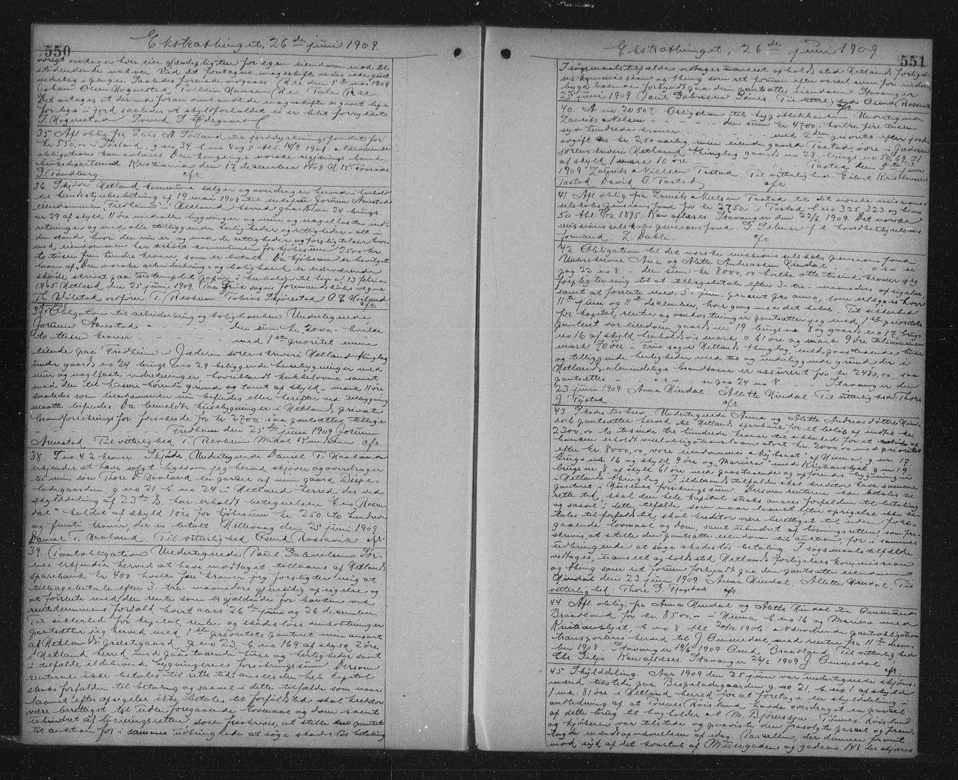 Jæren sorenskriveri, SAST/A-100310/01/4/41/41BF/L0022: Mortgage book no. 26, 1908-1910, p. 550-551