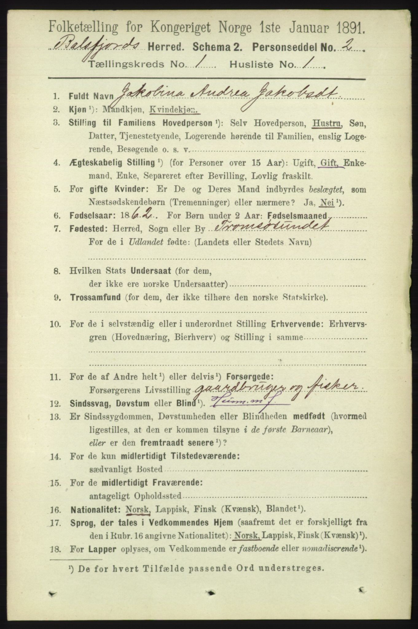 RA, 1891 census for 1933 Balsfjord, 1891, p. 73