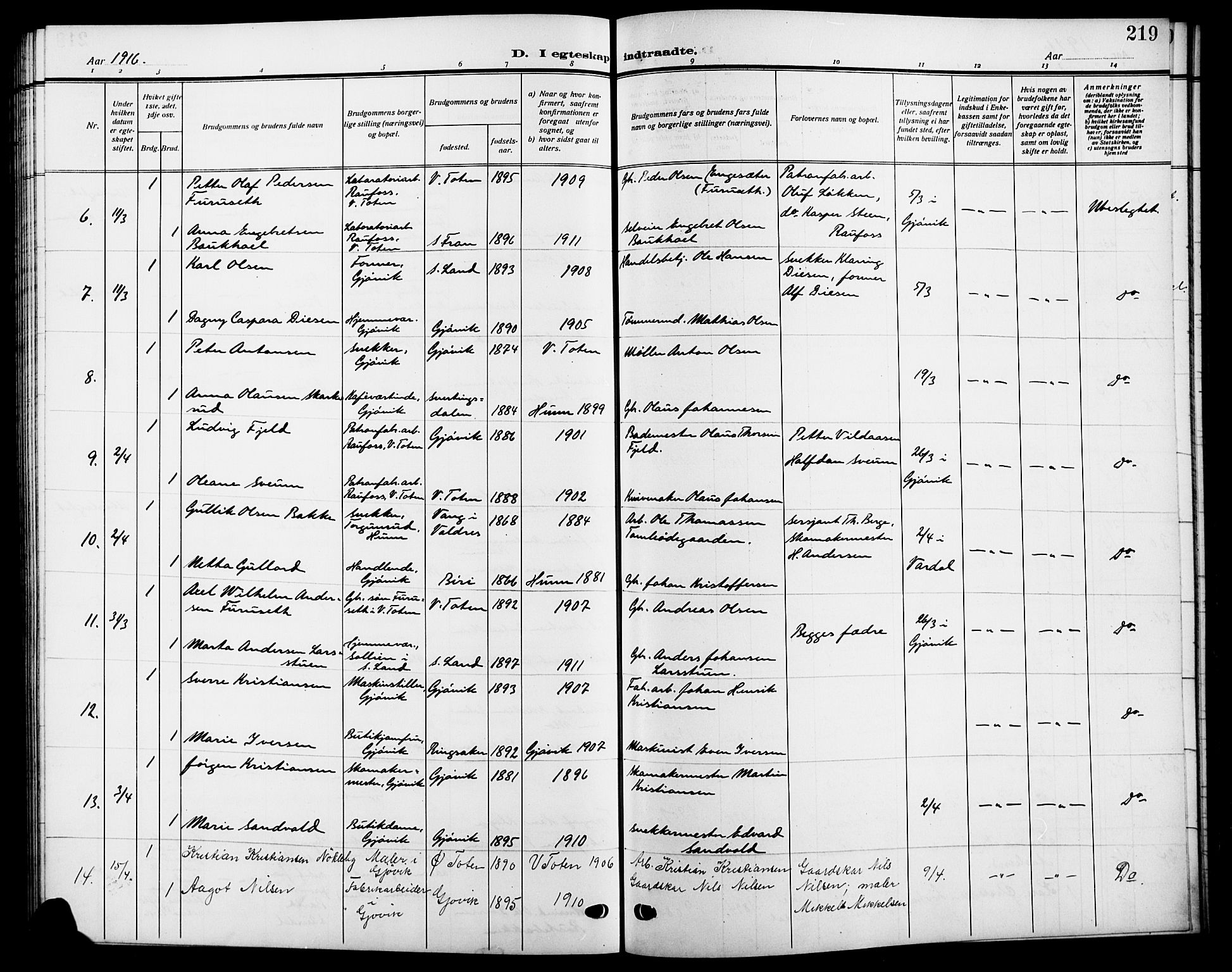 Vardal prestekontor, SAH/PREST-100/H/Ha/Hab/L0014: Parish register (copy) no. 14, 1911-1922, p. 219