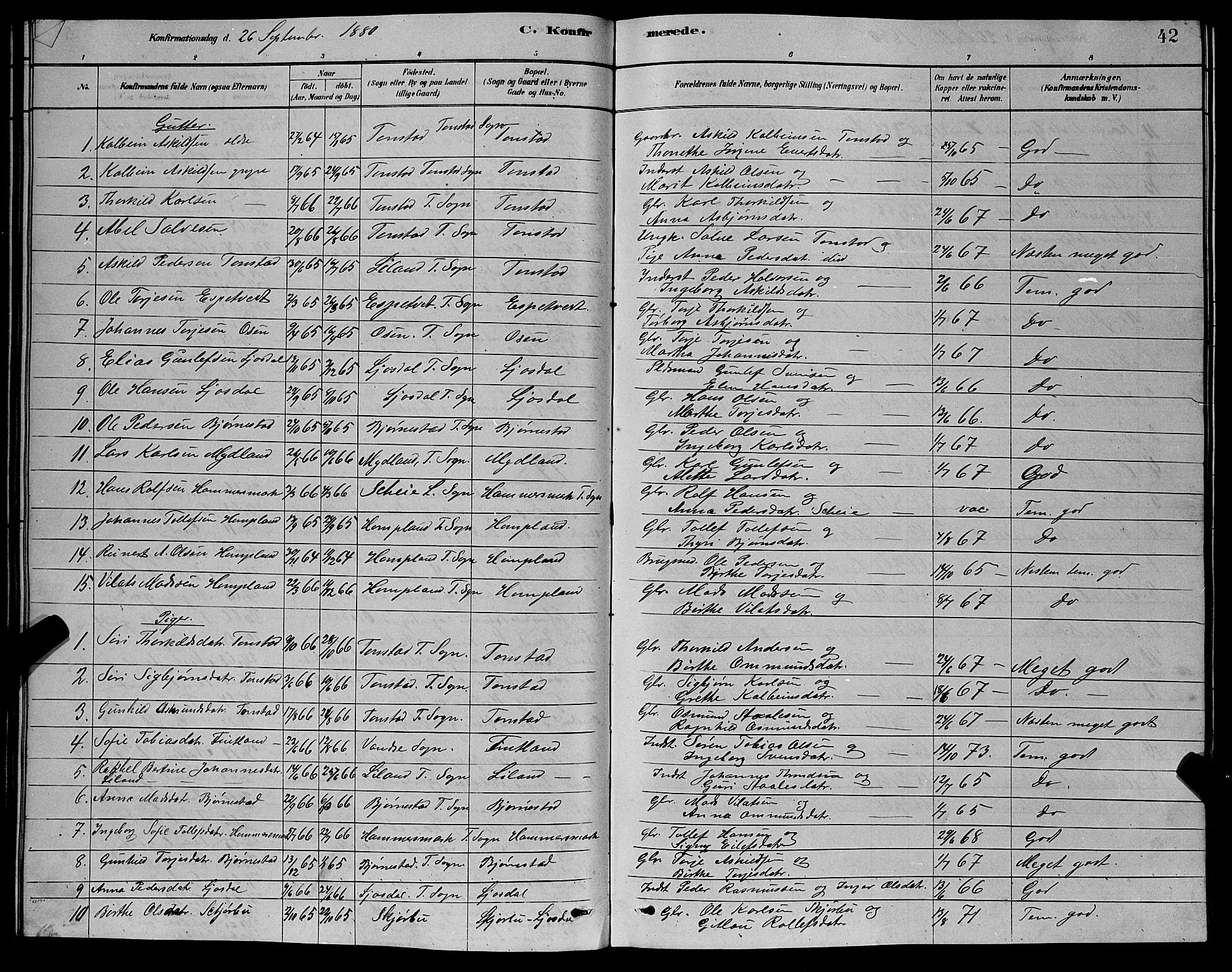 Sirdal sokneprestkontor, AV/SAK-1111-0036/F/Fb/Fbb/L0003: Parish register (copy) no. B 3, 1878-1894, p. 42